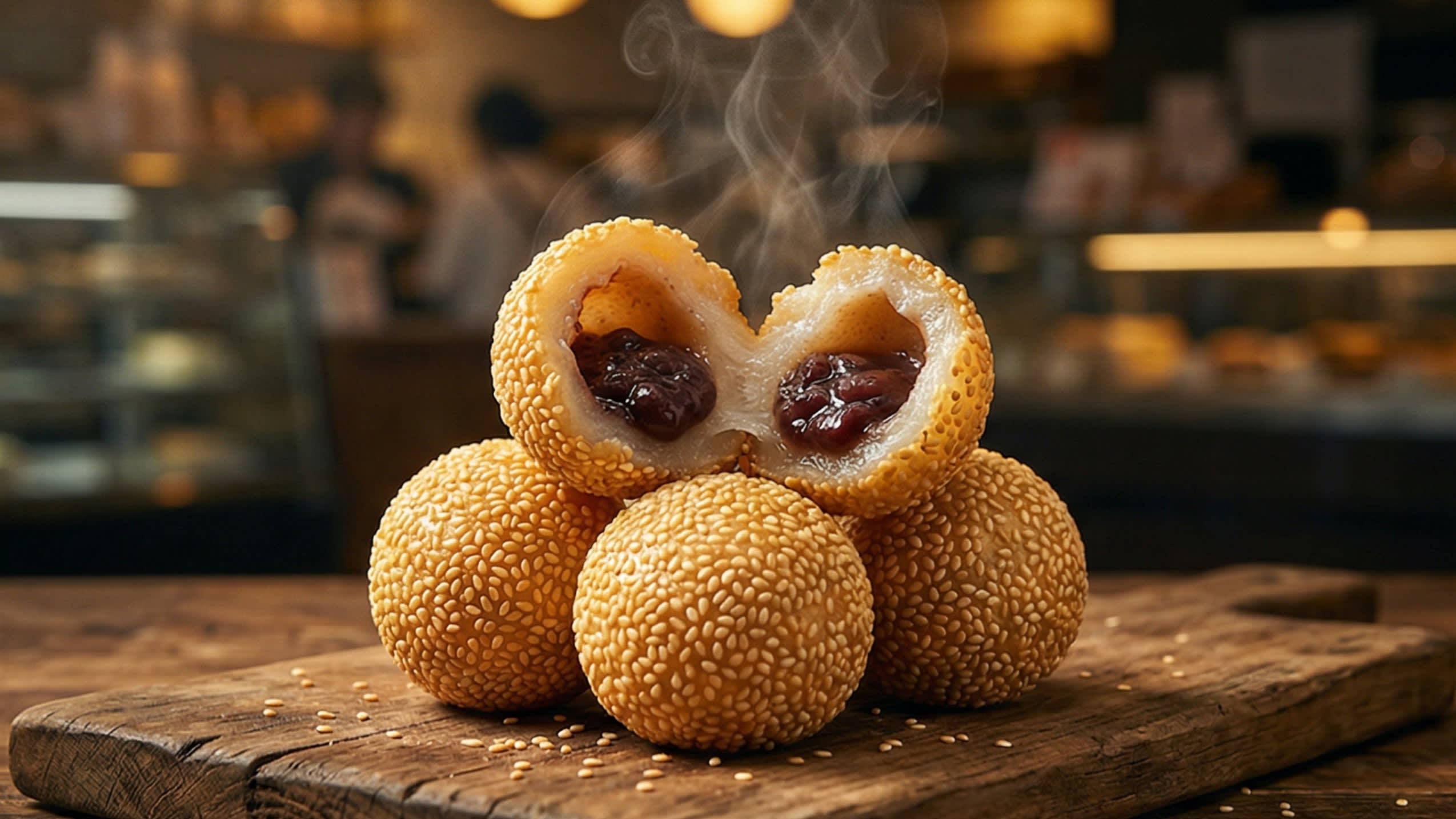 A breathtaking, high-definition close-up of a rustic wooden board featuring a stack of perfectly round, golden-fried authentic Chinese Sesame Balls. One of the balls is torn in half, revealing a breathtaking textural contrast: a thin, shatteringly crisp crust completely encrusted in toasted white sesame seeds, a chewy, stretchy mochi-like interior, and a generous filling of dark, glossy sweet red bean paste. The inside is perfectly hollow. Hot, appetizing steam is gently rising in the warm, cinematic lighting.
