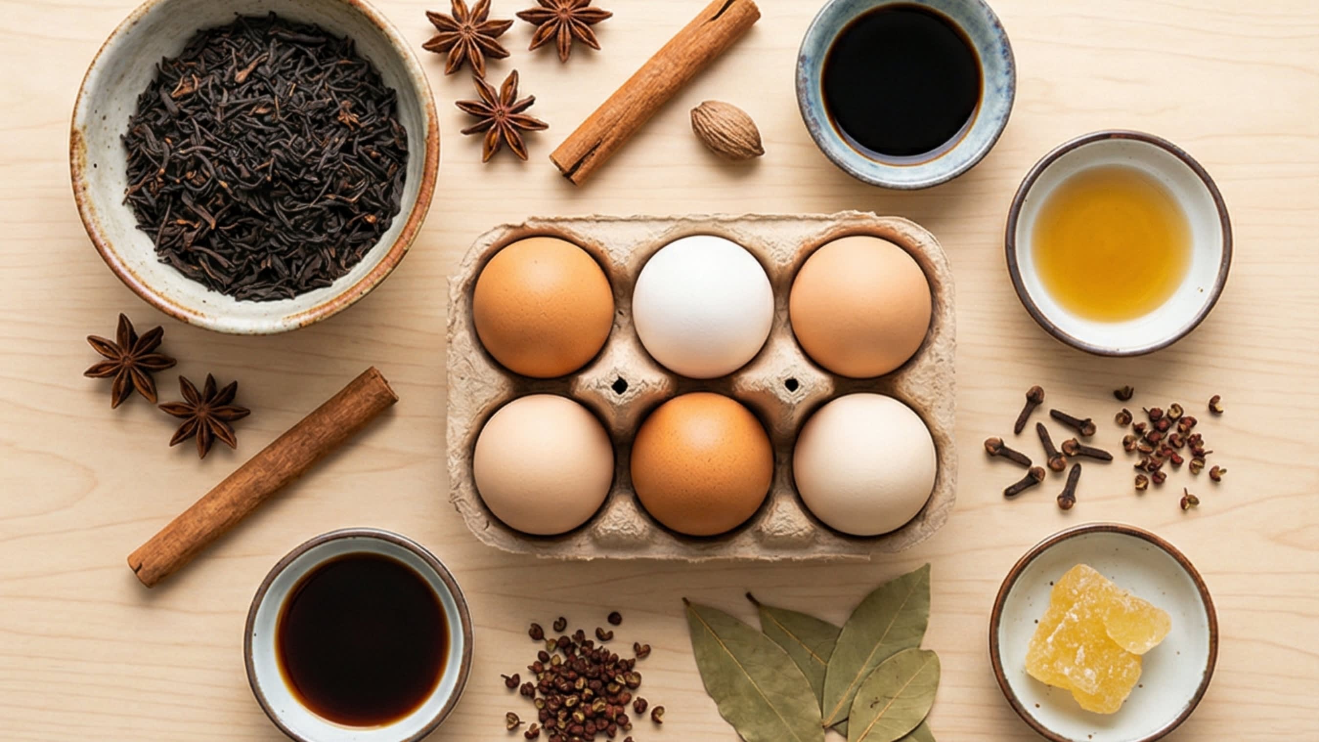A beautiful flat lay of fresh ingredients on a wooden board: a carton of large, fresh brown and white chicken eggs, a rustic bowl filled with dark, loose-leaf black tea (Hongcha), whole star anise pods, a cinnamon stick, cloves, Sichuan peppercorns, dried bay leaves, and small aesthetic ceramic dipping dishes containing dark soy sauce, light soy sauce, and rock sugar.
