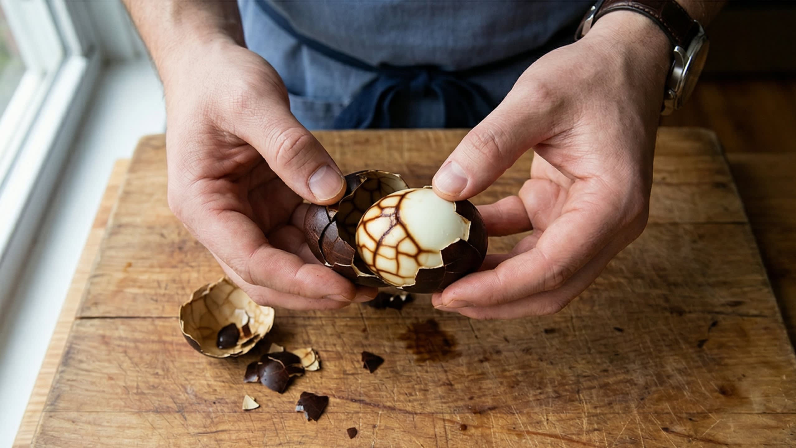 A vibrant action food photography shot looking directly down at a chef's hands. The chef is carefully peeling the shattered, dark-stained shell off a Chinese Tea Egg. As the shell pulls away, it reveals a breathtaking, flawlessly detailed, dark mahogany spiderweb and marbled pattern stained perfectly onto the glossy, pristine white egg white.