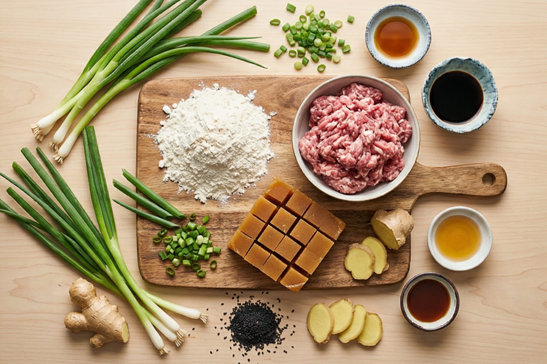 A beautiful flat lay of fresh ingredients on a wooden board: a mound of unbleached all-purpose flour, a bowl of rich, fatty ground pork, a block of amber-colored solid savory pork aspic (jelly), vibrant green scallions, fresh ginger root, dark black sesame seeds, and small aesthetic ceramic dipping dishes containing light soy sauce, dark soy sauce, and sesame oil.