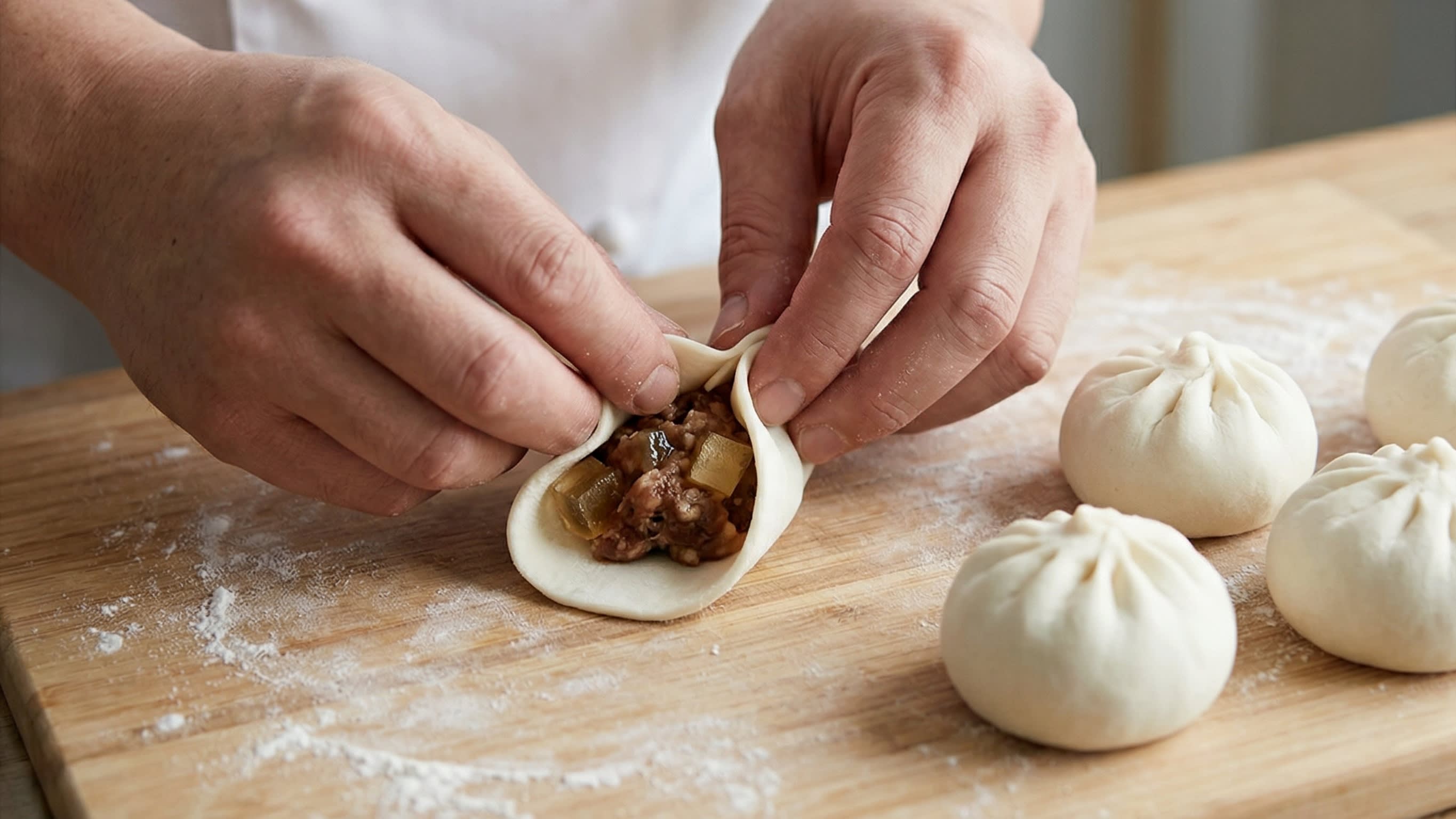 A dynamic close-up action food photography shot focusing on a chef's hands on a lightly floured wooden cutting board. The chef is expertly pleating and sealing a raw dough wrapper filled with a rich, dark pork and jelly mixture. Next to the chef's hands are perfectly round, sealed raw Sheng Jian Bao sitting pleat-side down. High clarity, cooking documentary style.