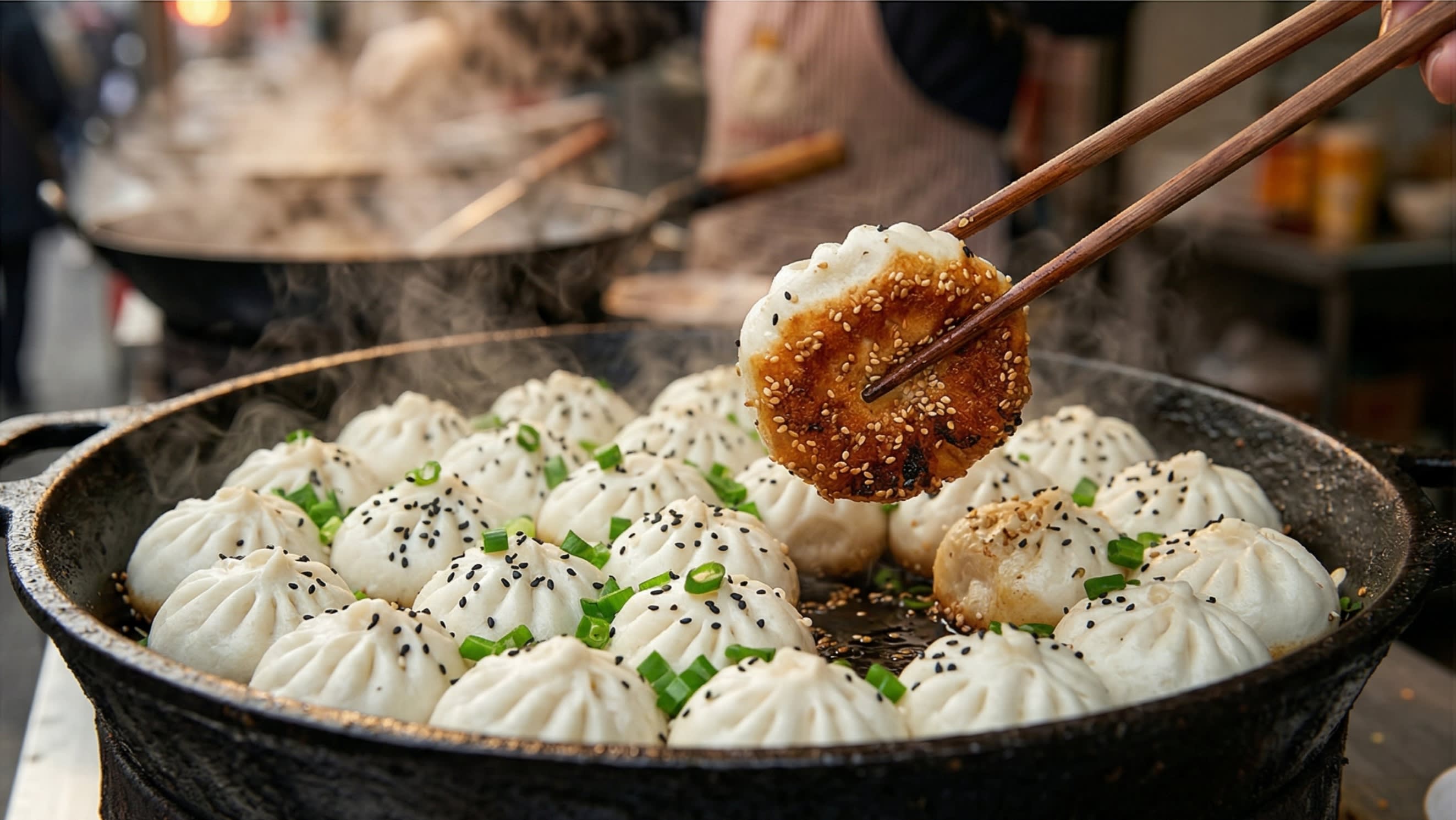 A breathtaking, high-definition close-up of a massive, well-seasoned cast-iron pan filled with authentic Shanghai Sheng Jian Bao (Pan-Fried Pork Buns). The buns are tightly packed together. One bun is lifted and tilted to reveal a breathtaking, shatteringly crisp, deep golden-brown bottom. The fluffy white tops are generously garnished with nutty black sesame seeds and vibrant green chopped scallions. Hot, appetizing steam is gently rising in the warm, cinematic morning lighting.