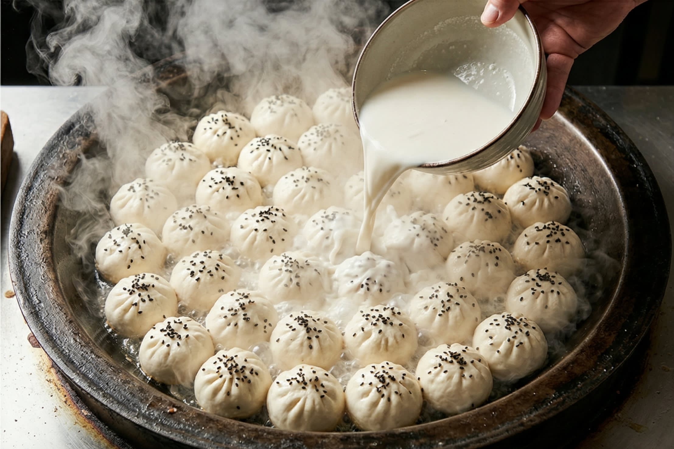 A vibrant action food photography shot looking directly down into a massive, hot cast-iron pan. A chef is carefully pouring a milky-white flour and water slurry into the pan, which is filled with tightly packed, sizzling pork buns. Thick, intense plumes of hot white steam are rising dramatically as the liquid hits the hot oil.