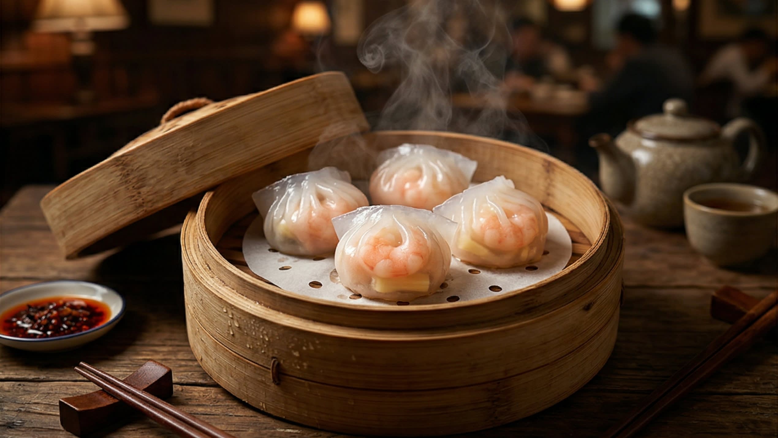A breathtaking, high-definition close-up of a traditional woven bamboo steamer holding beautifully pleated authentic Cantonese Har Gow (Crystal Shrimp Dumplings). The delicate wrappers are breathtakingly translucent, glistening with a pristine glassy shine, revealing the beautiful, plump, vibrant pink shrimp and green bamboo shoots hidden inside. Hot, appetizing steam is gently rising in the warm, cinematic, moody teahouse lighting.
