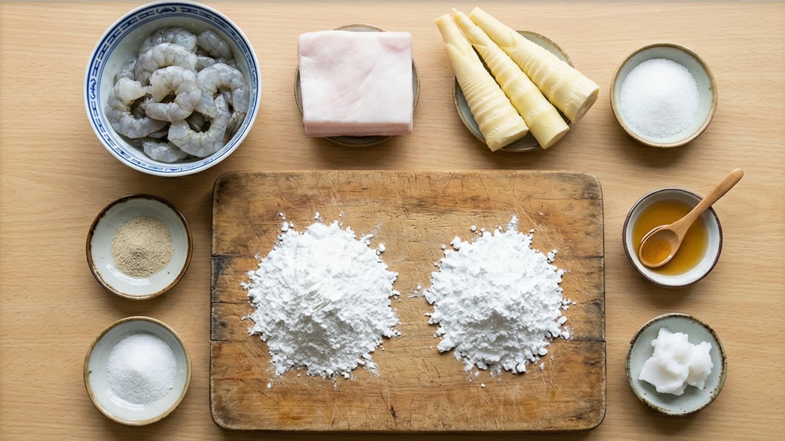 A beautiful flat lay of fresh ingredients on a wooden board: a mound of pristine white Wheat Starch (Cheng Fen) and Tapioca Starch, a bowl of raw, peeled grey shrimp, a small block of pure white pork back fat, fresh whole bamboo shoots, white sugar, fine salt, and small aesthetic ceramic dipping dishes containing white pepper, sesame oil, and lard.