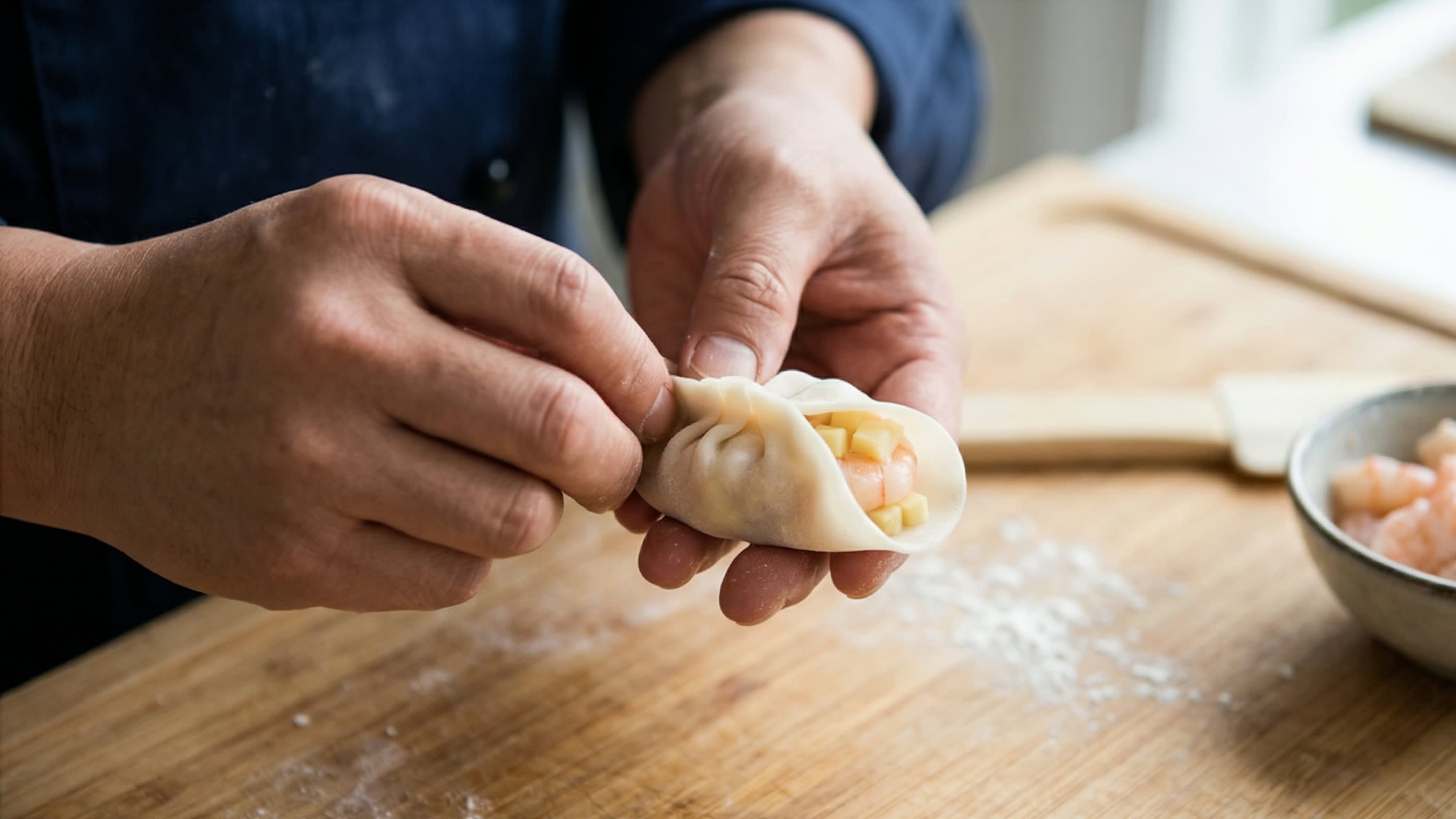 A dynamic close-up action food photography shot focusing intensely on a chef's hands over a clean wooden board. The chef is expertly pleating the edges of a delicate, paper-thin, translucent white dough wrapper filled with a rich pink shrimp and bamboo shoot mixture. The classic intricate spider-belly pleats are forming beautifully. High clarity, cooking documentary style.