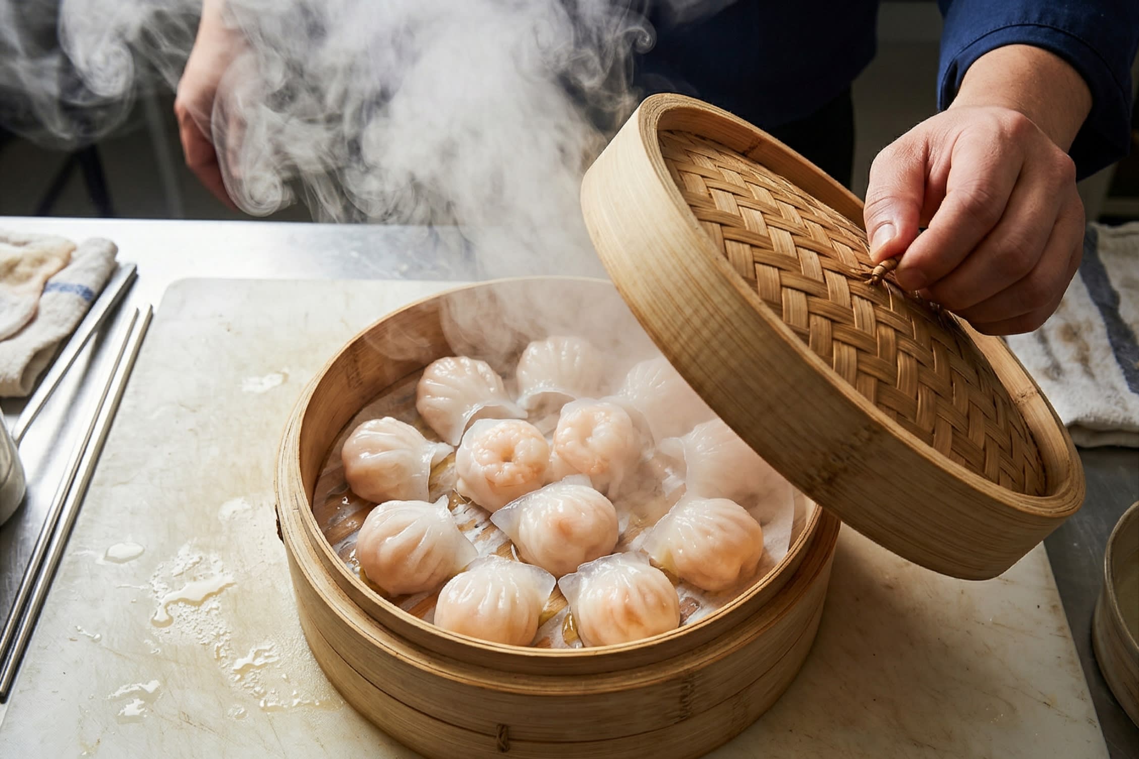 A vibrant action food photography shot looking directly down at a traditional bamboo steamer as the lid is just being lifted. Thick, intense, billowing plumes of hot white steam are rushing out, revealing the freshly steamed Har Gow inside. The dumplings have miraculously transformed from opaque white to breathtakingly glossy and translucent, showcasing the pink shrimp inside.