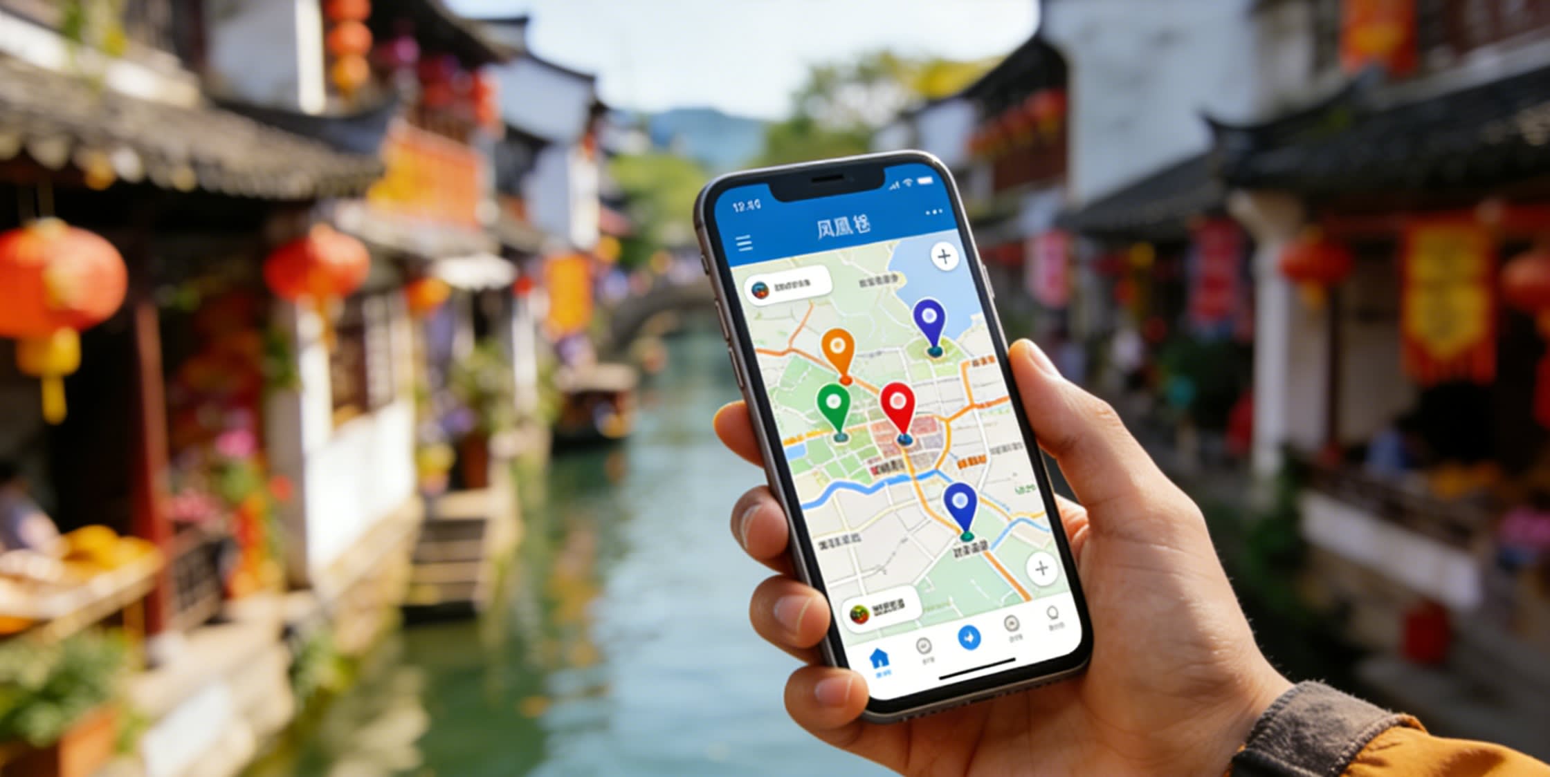 Traveler using apps in a traditional Chinese town