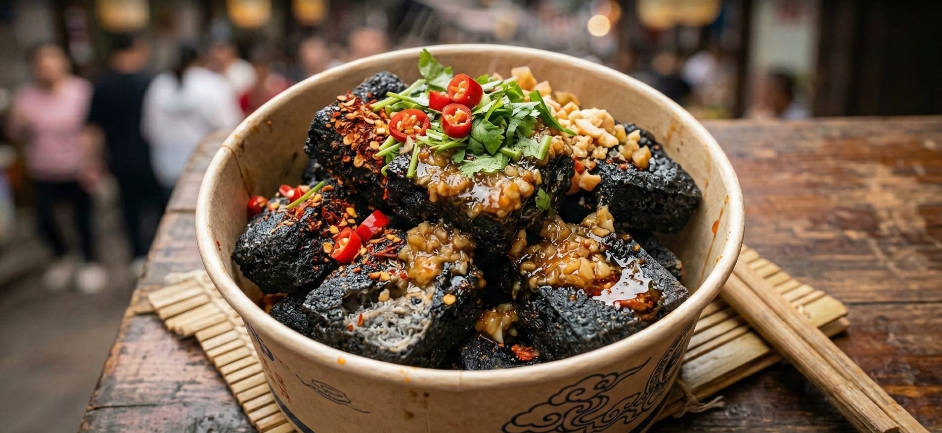 A serving of crispy, black Changsha Stinky Tofu covered in chili and garlic sauce