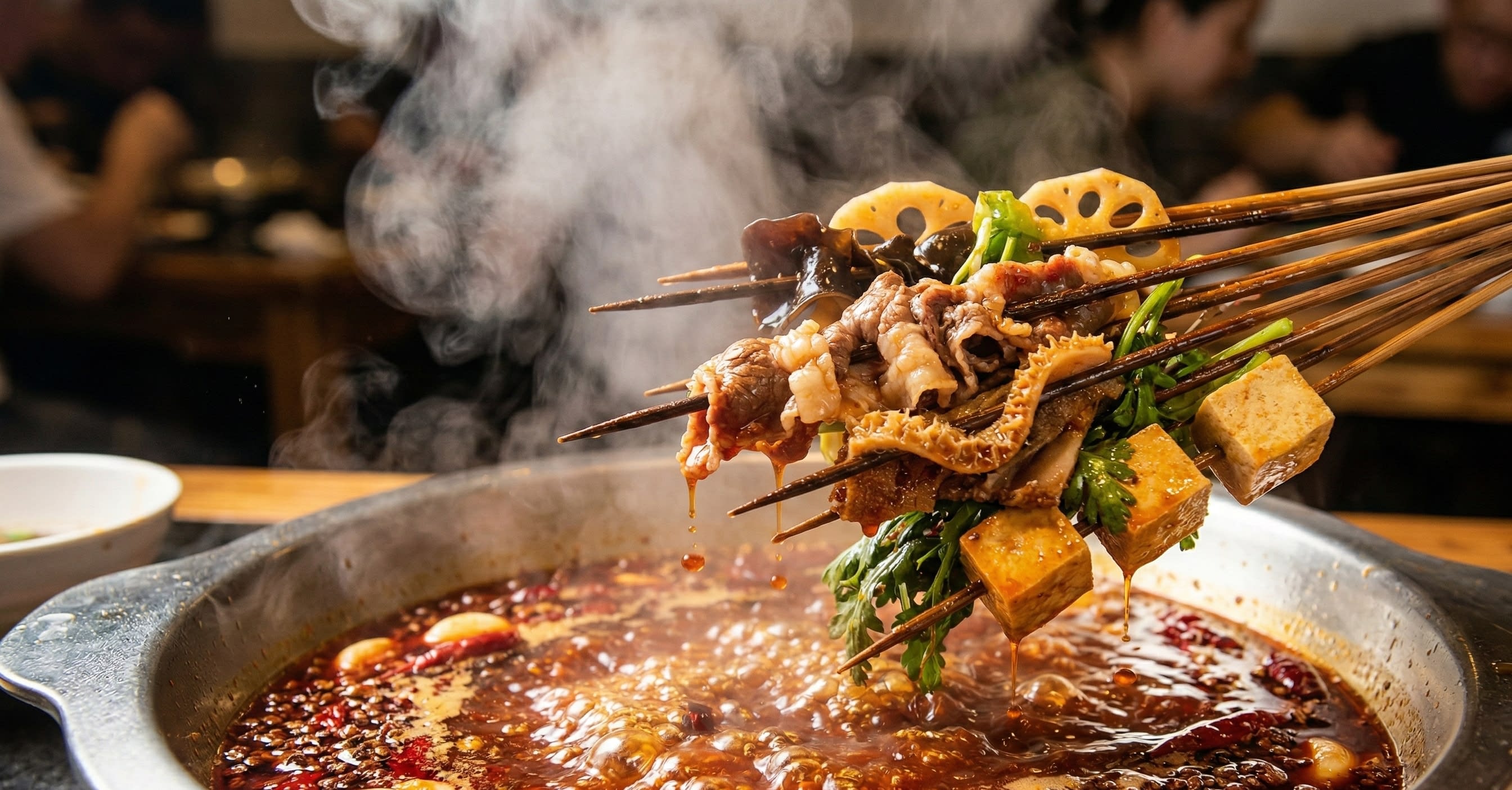 Dozens of delicious Chuan Chuan skewers dipped in a rich, red chili broth