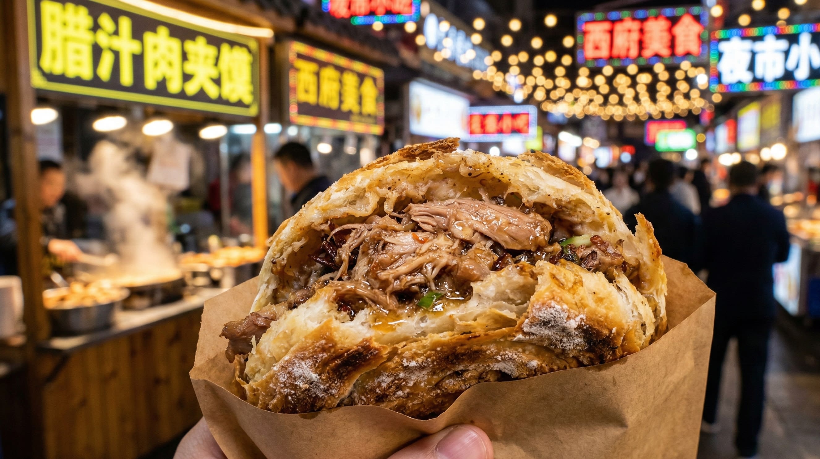 A close-up of a perfectly crispy Roujiamo filled with juicy braised meat