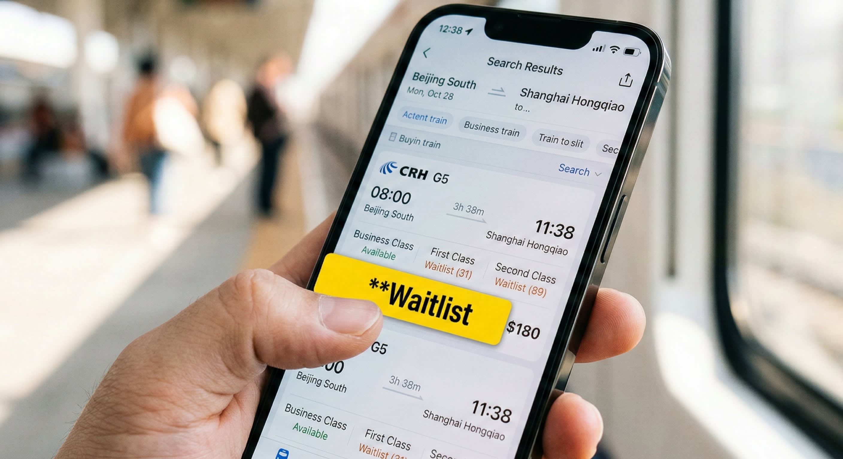 A close-up of a smartphone screen showing the English version of the 12306 app with the Waitlist button highlighted