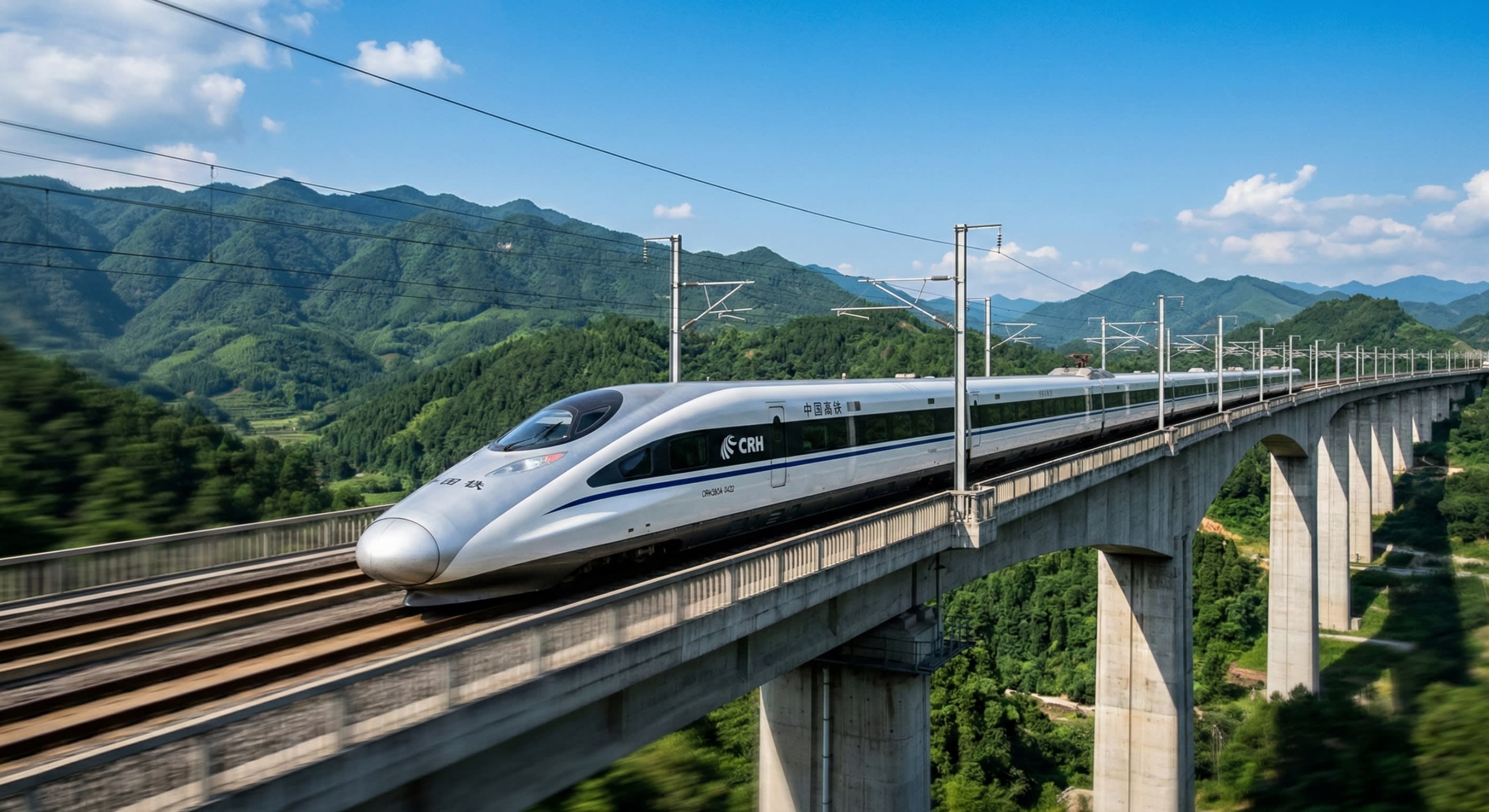 A sleek, silver Chinese high-speed train speeding across a modern bridge with green mountains in the background