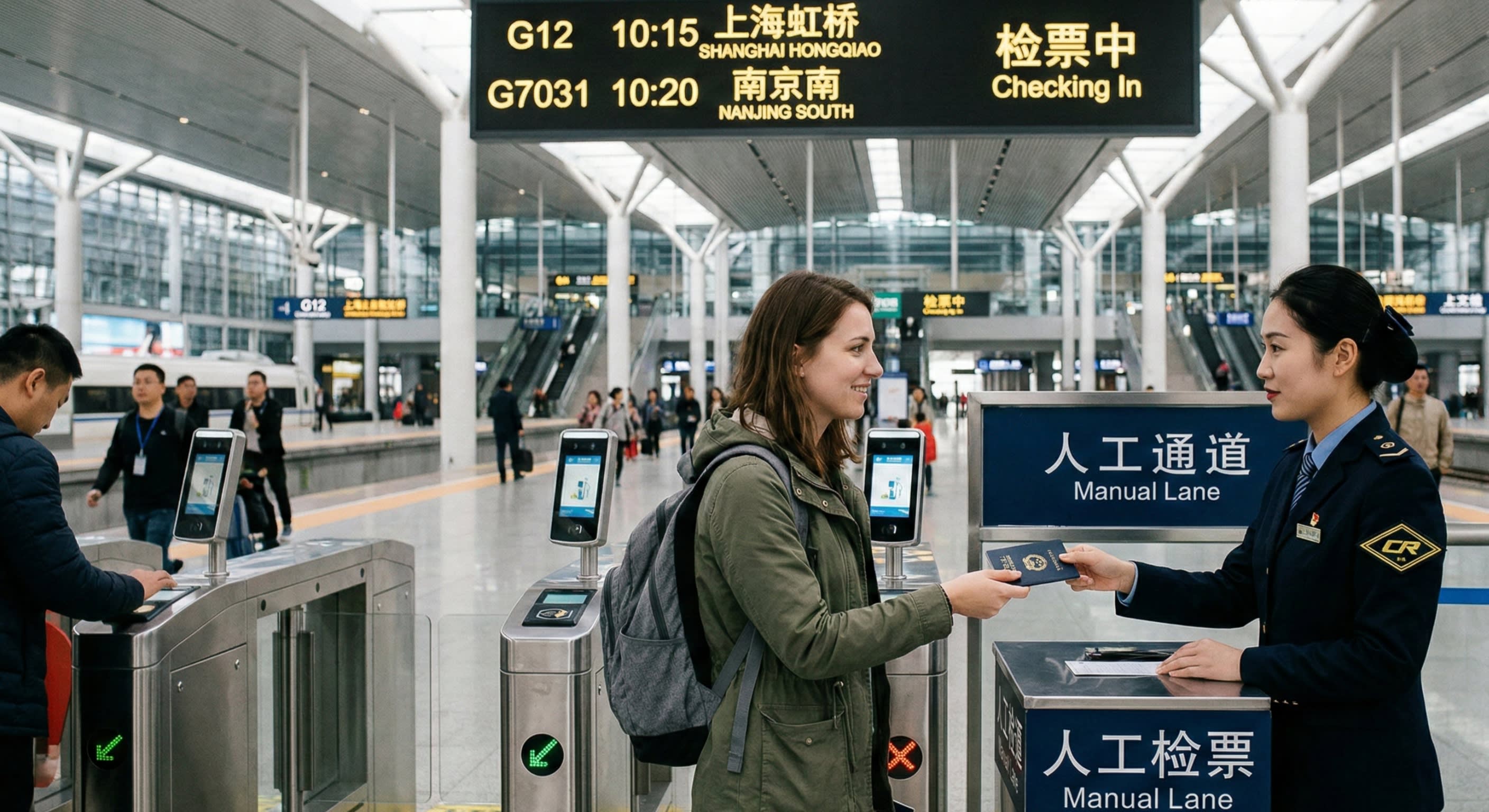 A traveler handing their passport to a railway worker at a modern train station boarding gate