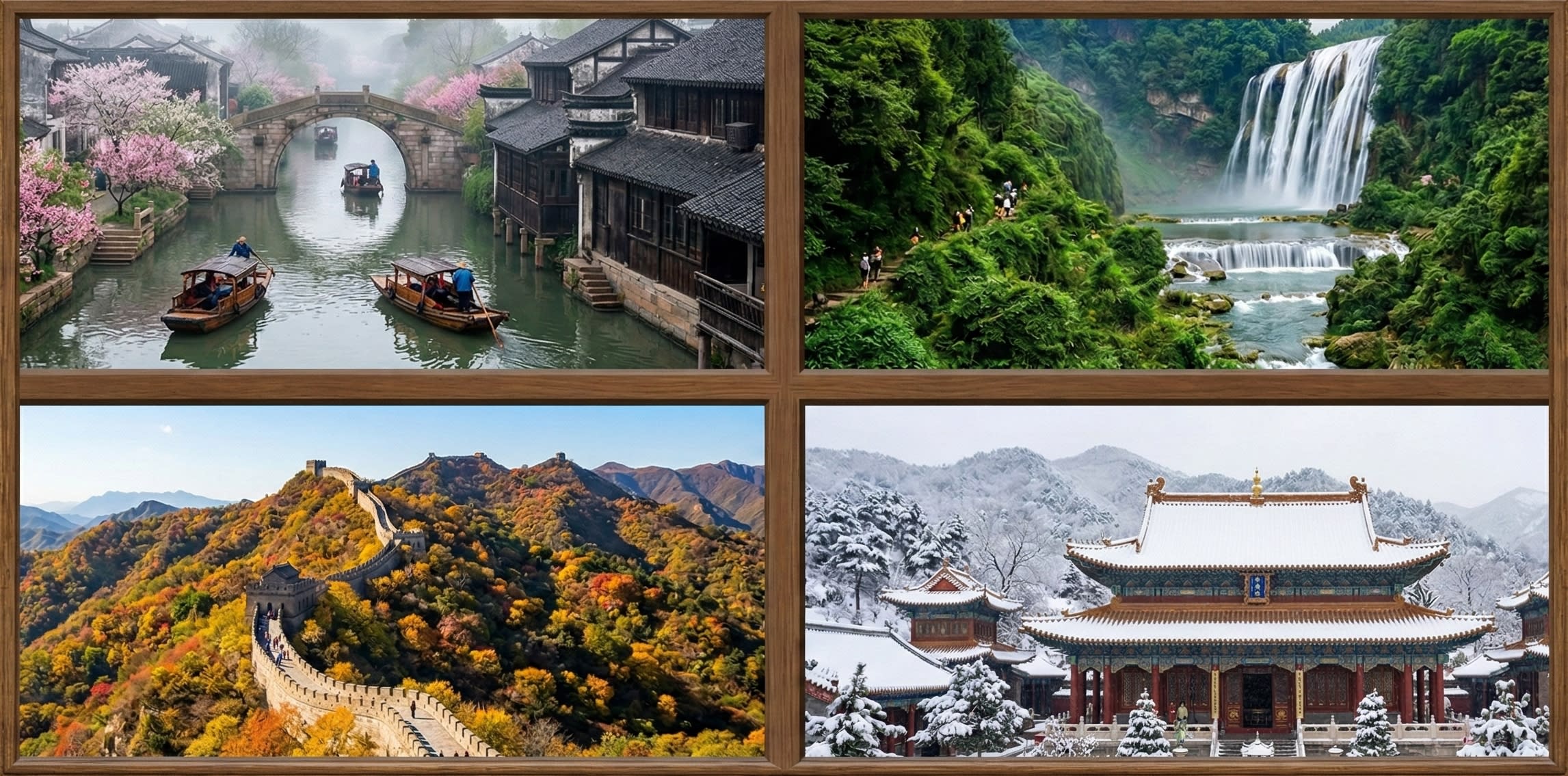 Hero Image - A beautiful collage of China's four seasons: spring blossoms, summer mountains, autumn leaves, and winter snow