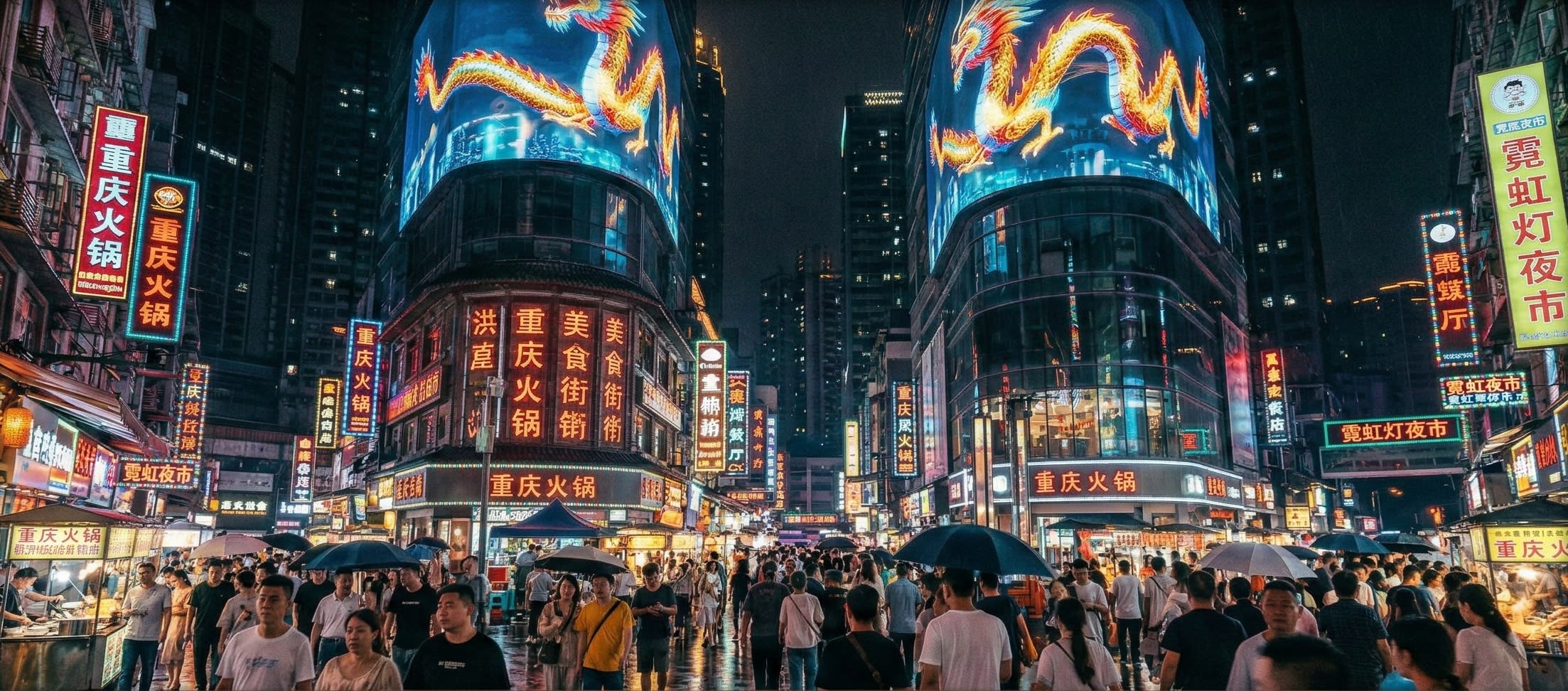 Giant 3D LED screens and neon lights at the Guanyinqiao pedestrian street