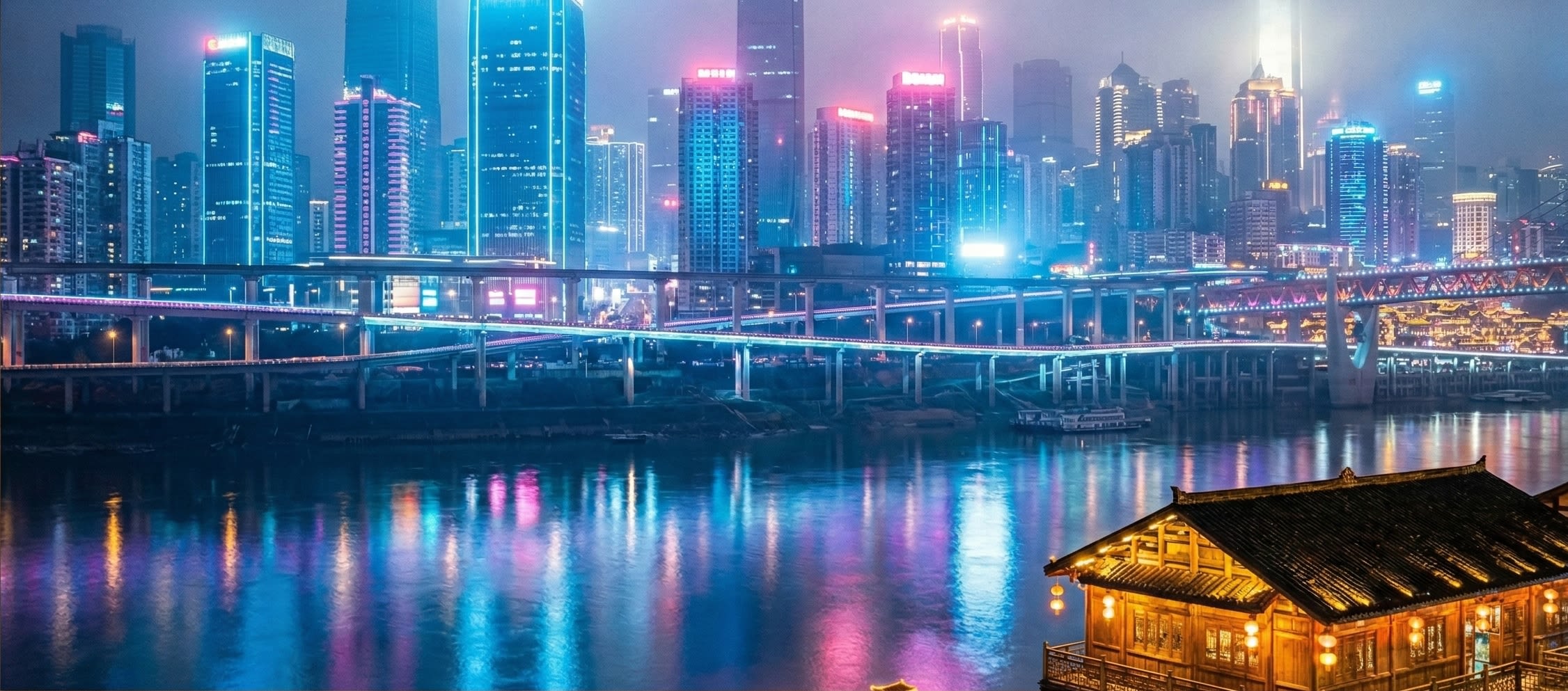 A stunning night view of Chongqing's skyline with neon reflections on the Yangtze River