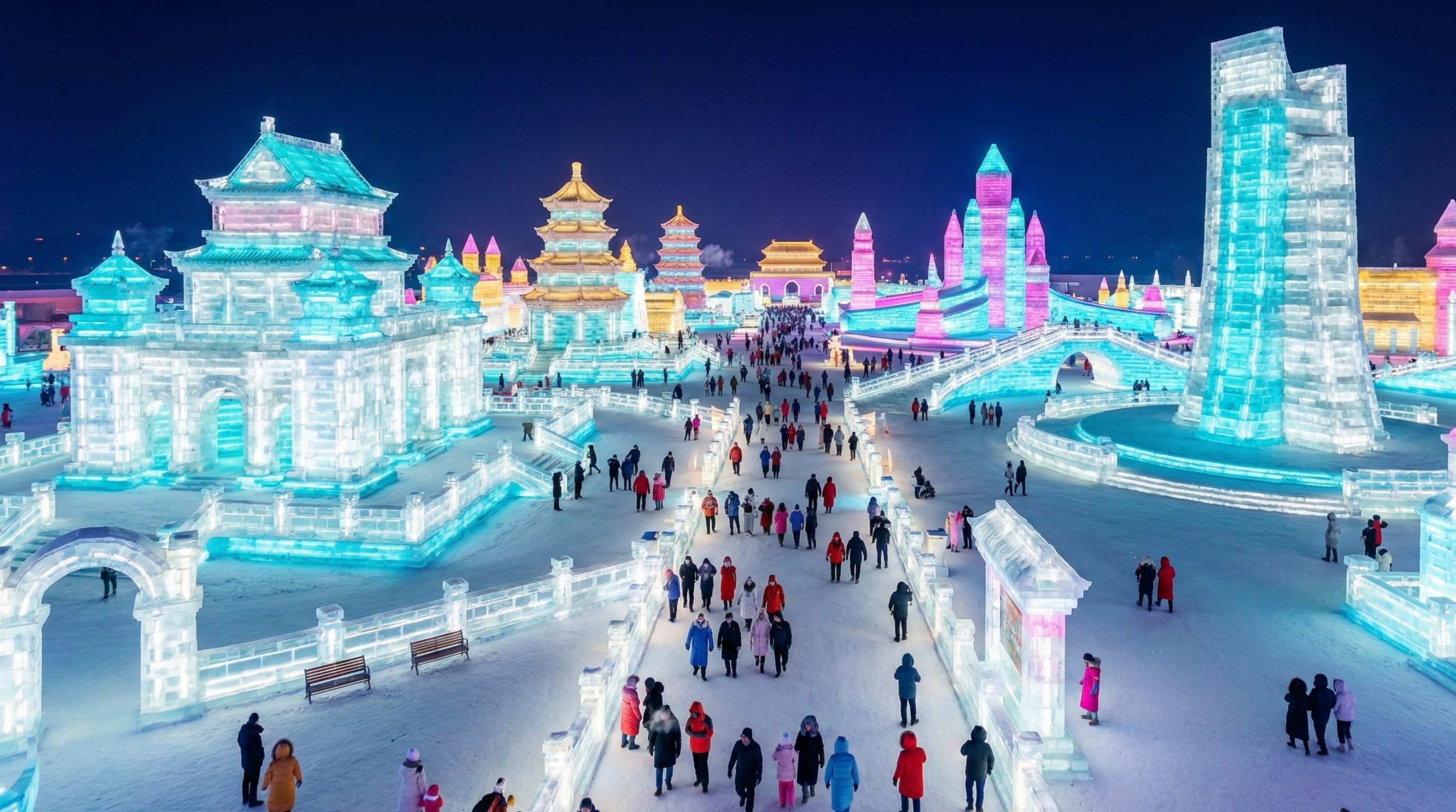 Hero Image - A breathtaking panoramic view of Harbin Ice and Snow World with a massive ice palace glowing in neon lights