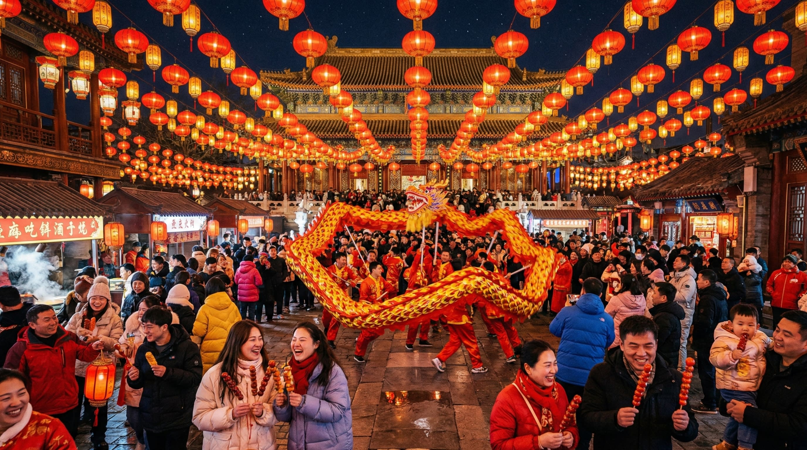 Hero Image - A vibrant Beijing temple fair with red lanterns and traditional dragon dances