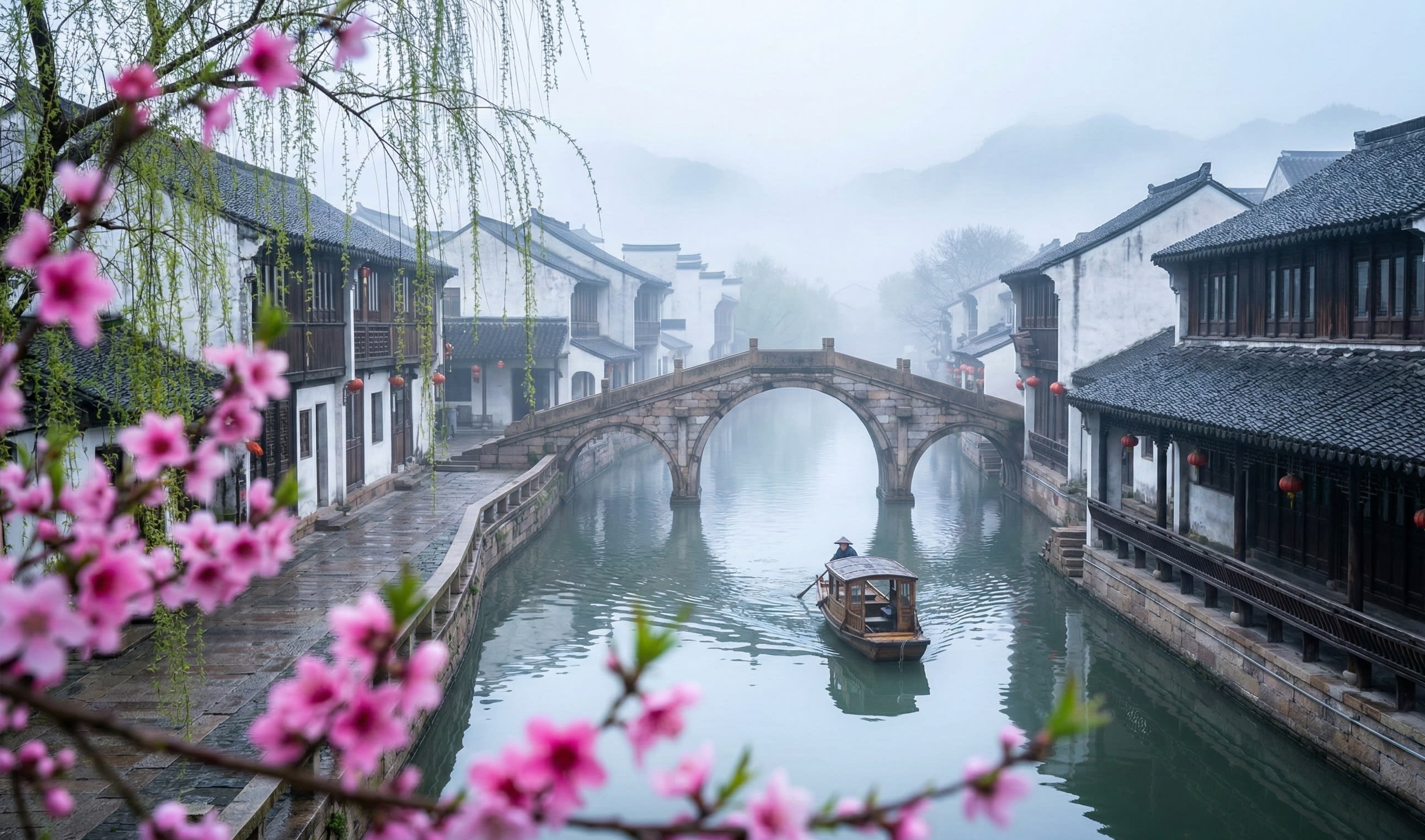 Hero Image - A misty spring morning in a water town with blooming flowers