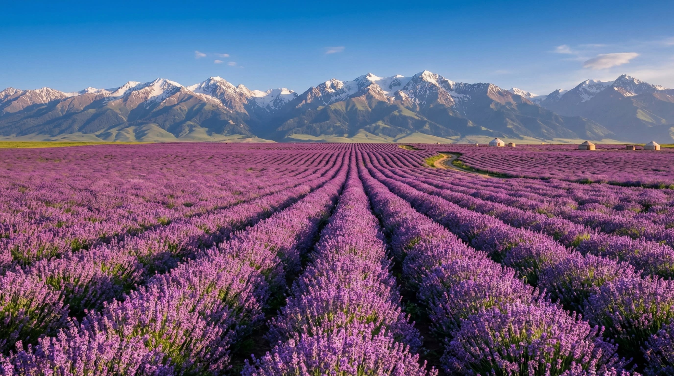 Hero Image - A vast sea of purple lavender in Ili, Xinjiang, with snow-capped mountains in the background