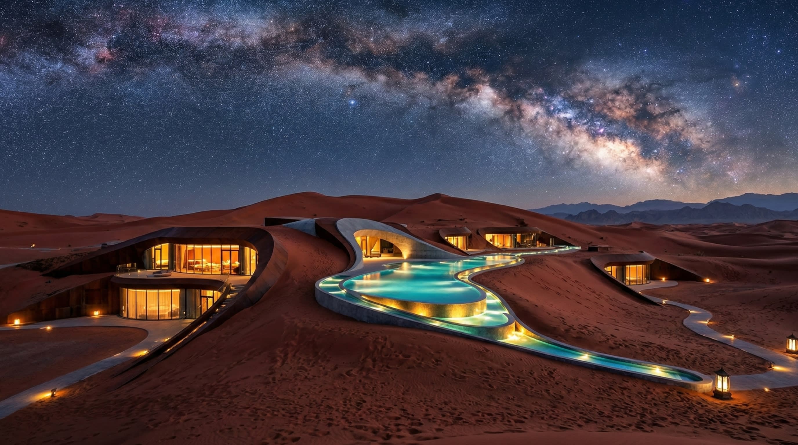Hero Image - A vast desert landscape with a luxury hotel built directly into the sand dunes under a starry night sky