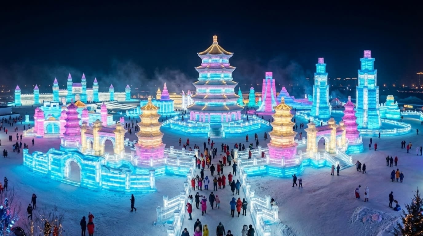 Hero Image - A breathtaking panoramic view of the Harbin Ice and Snow World at night, glowing with multi-colored neon lights