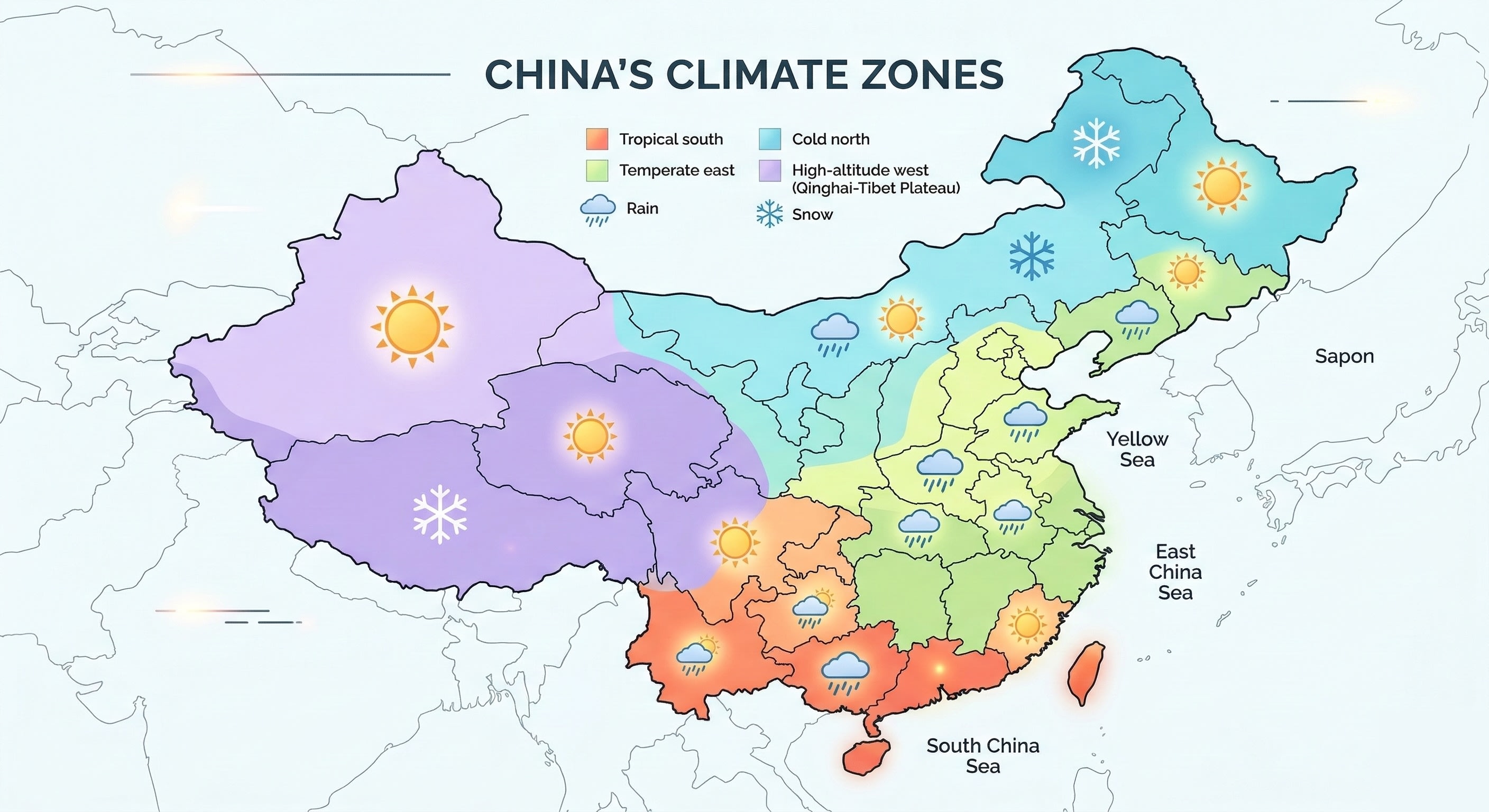 An infographic-style map of China showing different climate zones with icons for sun, rain, and snow