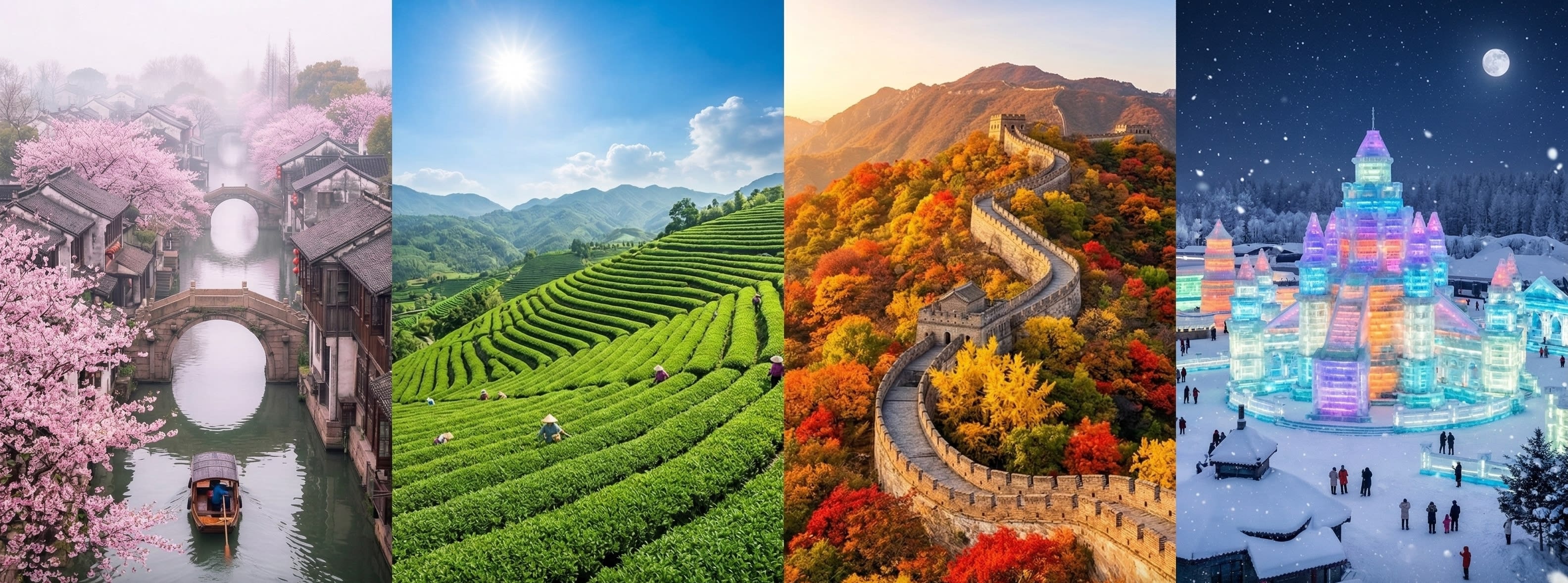 Hero Image - A stunning panoramic collage showing China's four seasons: spring blossoms, summer mountains, autumn leaves, and winter snow