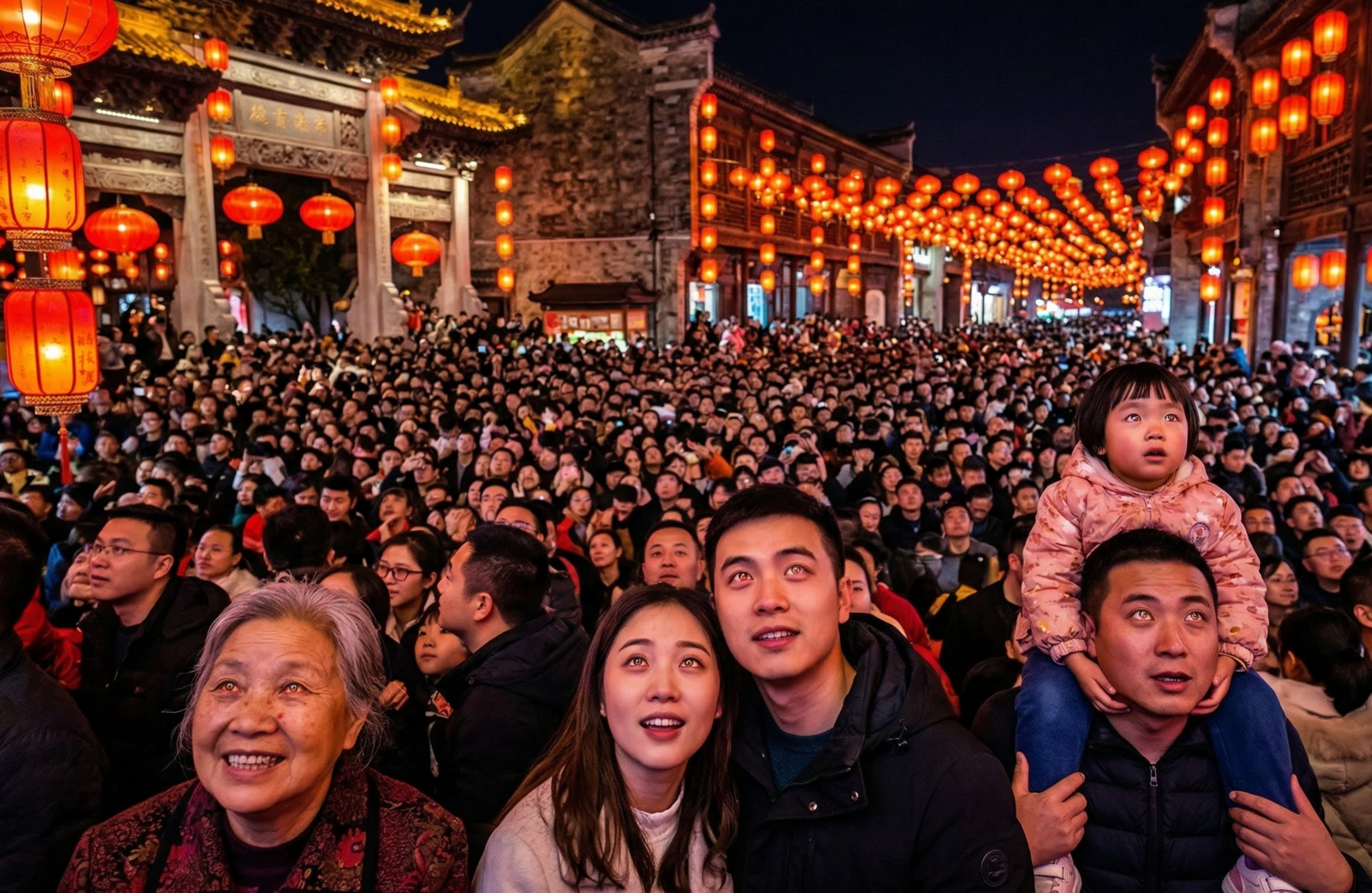 A vibrant night shot of a massive crowd at a traditional festival, capturing the energy of a "People Mountain, People Sea" atmosphere