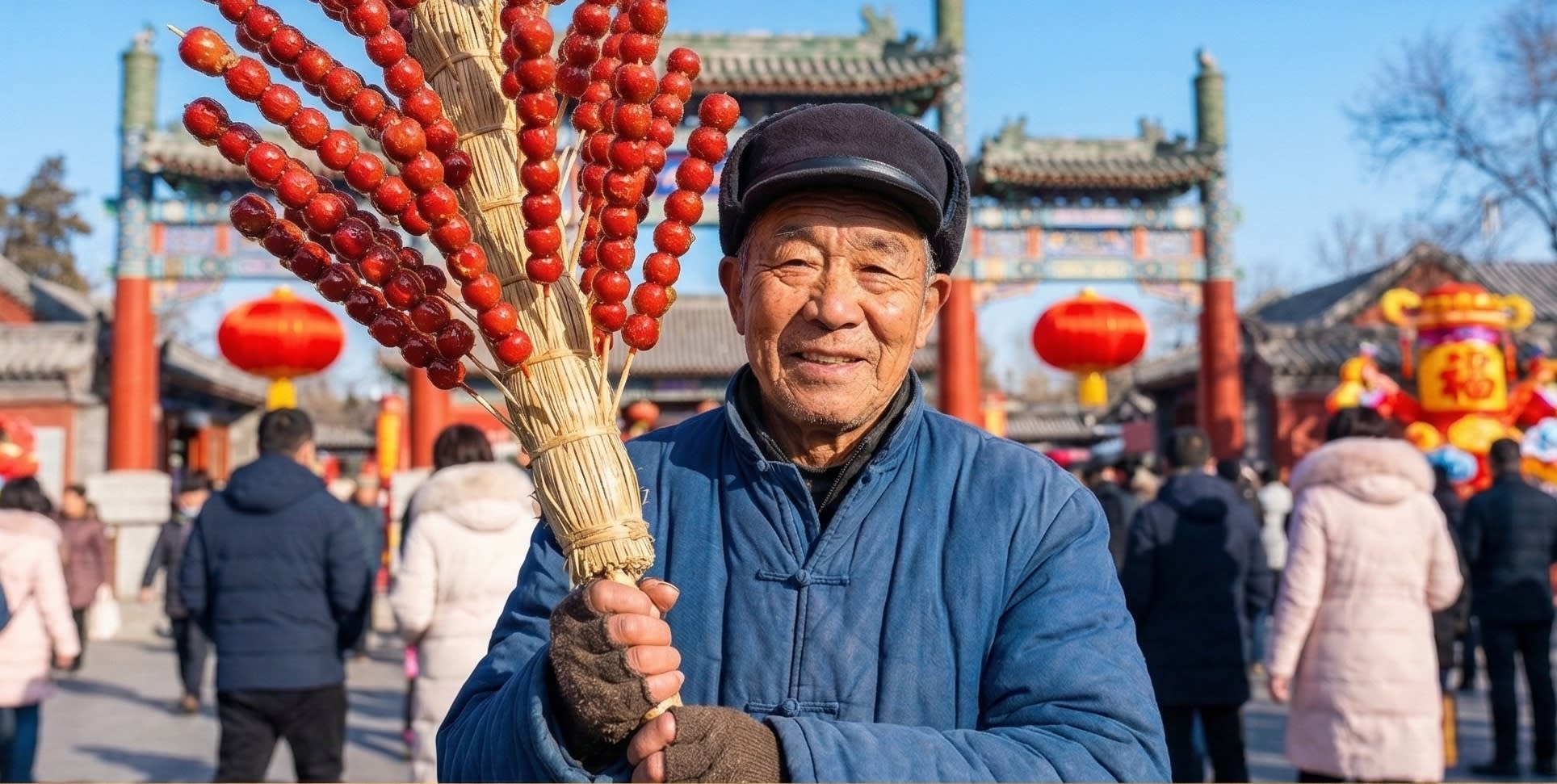 A close-up of a vendor selling bright red Tanghulu at a Beijing winter temple fair