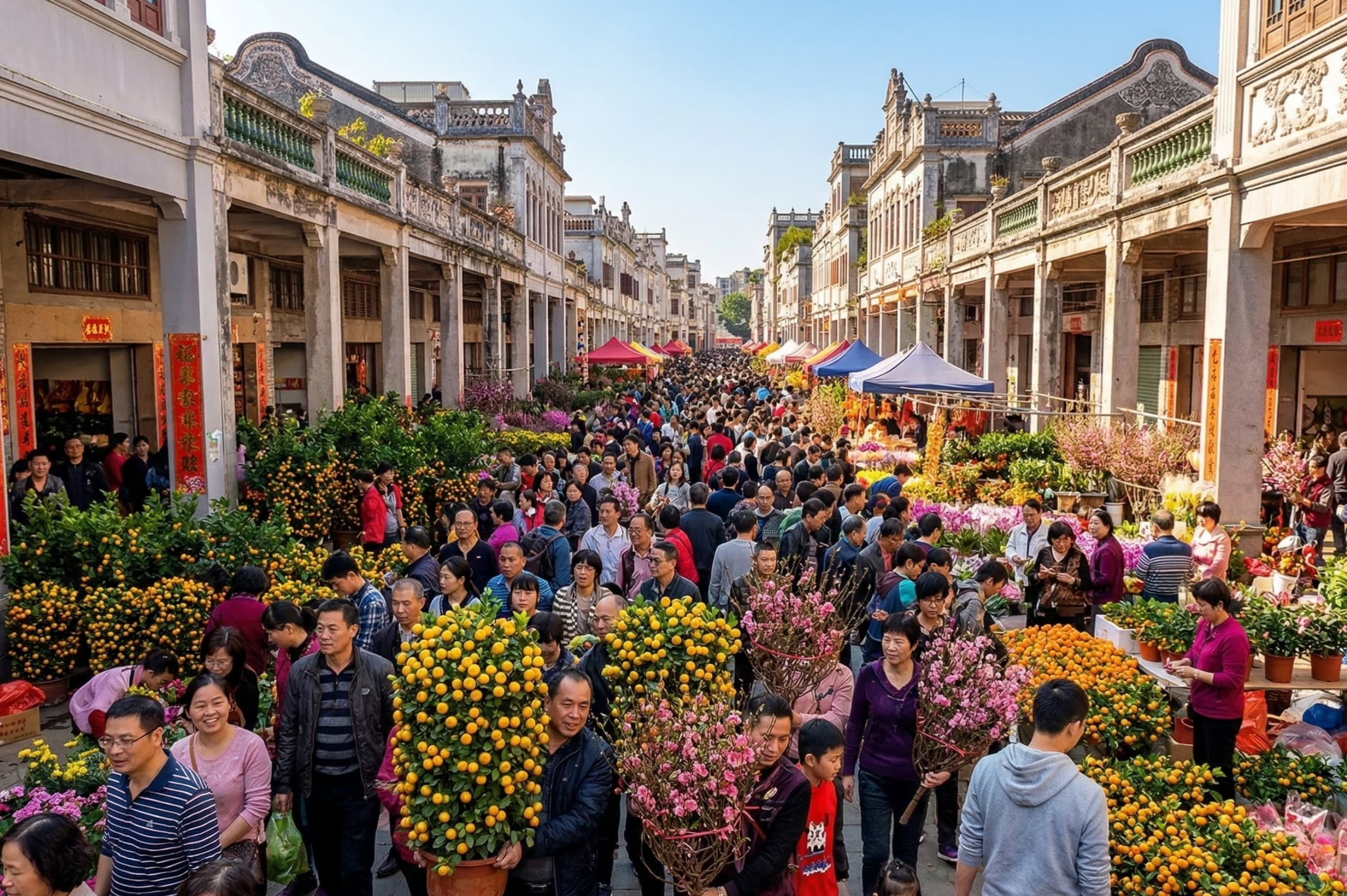 A bustling daytime flower market in southern China with yellow kumquat trees and peach blossoms