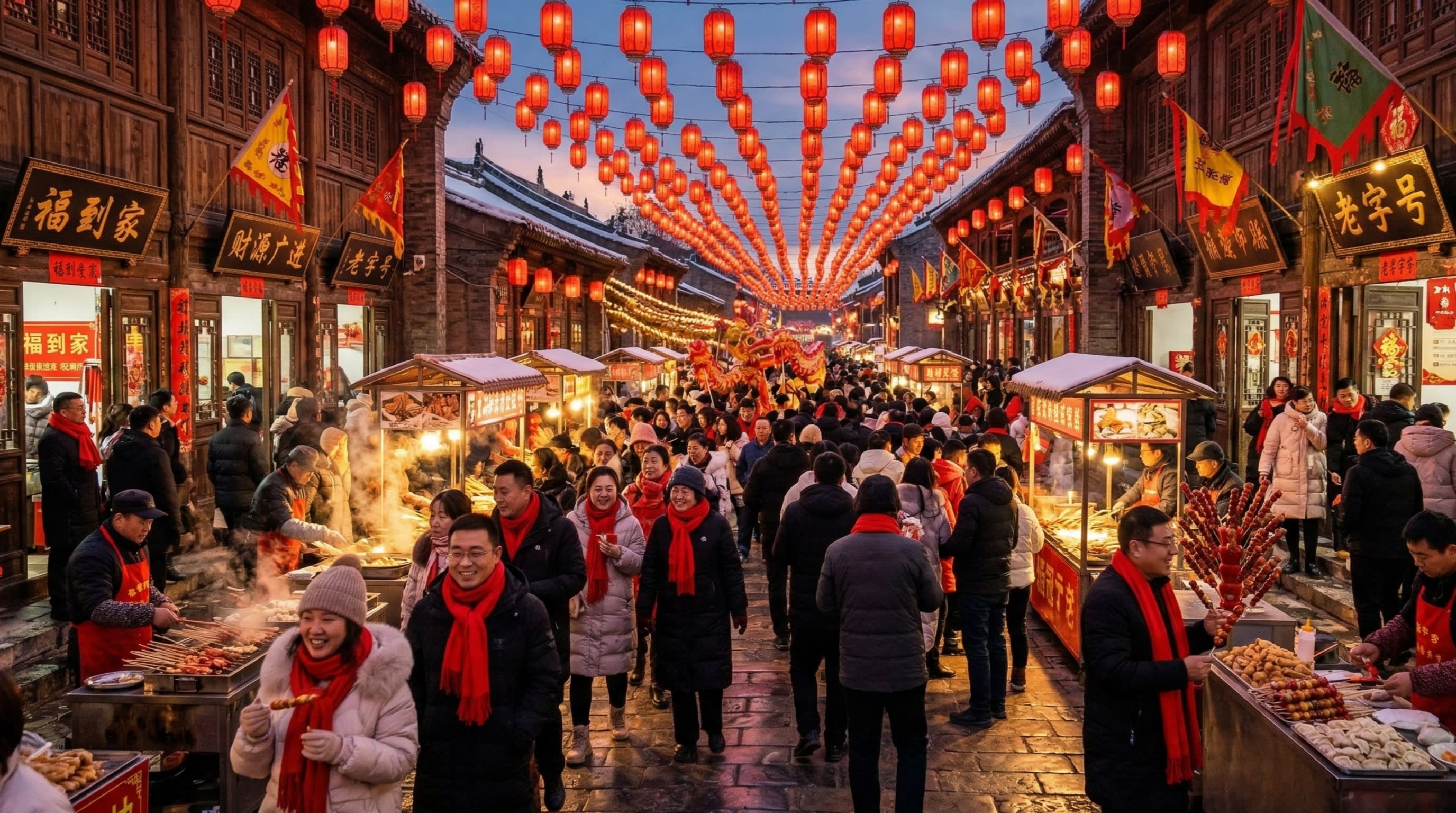 Hero Image - A bustling traditional Chinese street at dusk during the Spring Festival, illuminated by thousands of glowing red lanterns