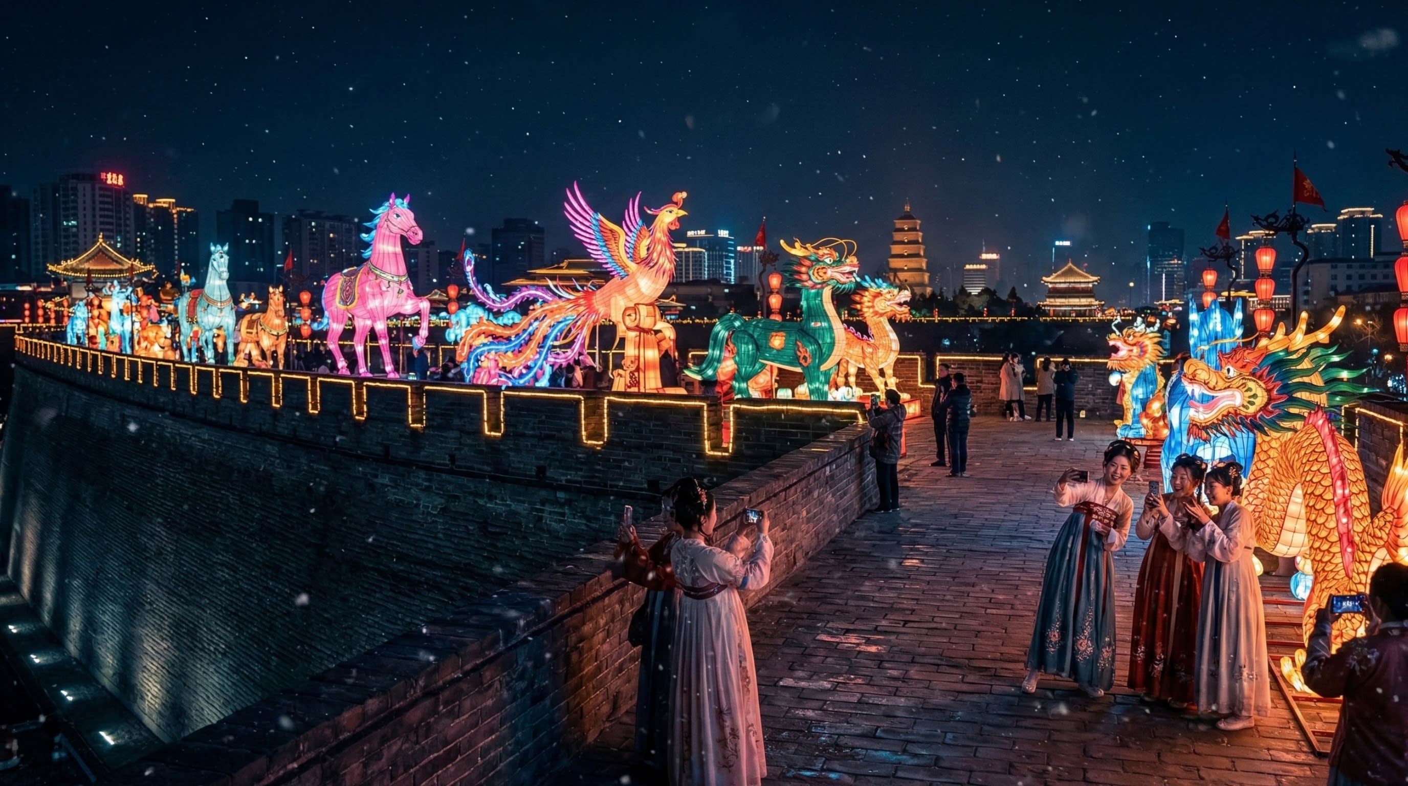 An epic night view of the ancient Xi'an city wall decorated with massive illuminated silk lanterns