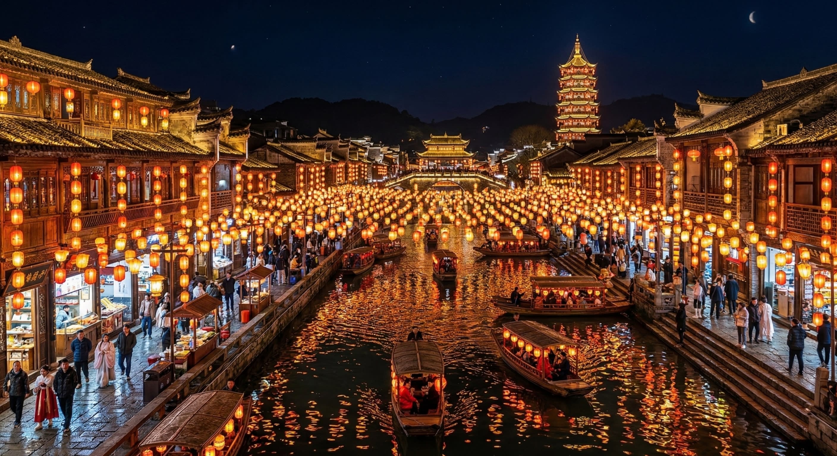 Hero Image - A spectacular cinematic wide shot of a traditional Chinese river at night, completely illuminated by thousands of glowing red and gold silk lanterns