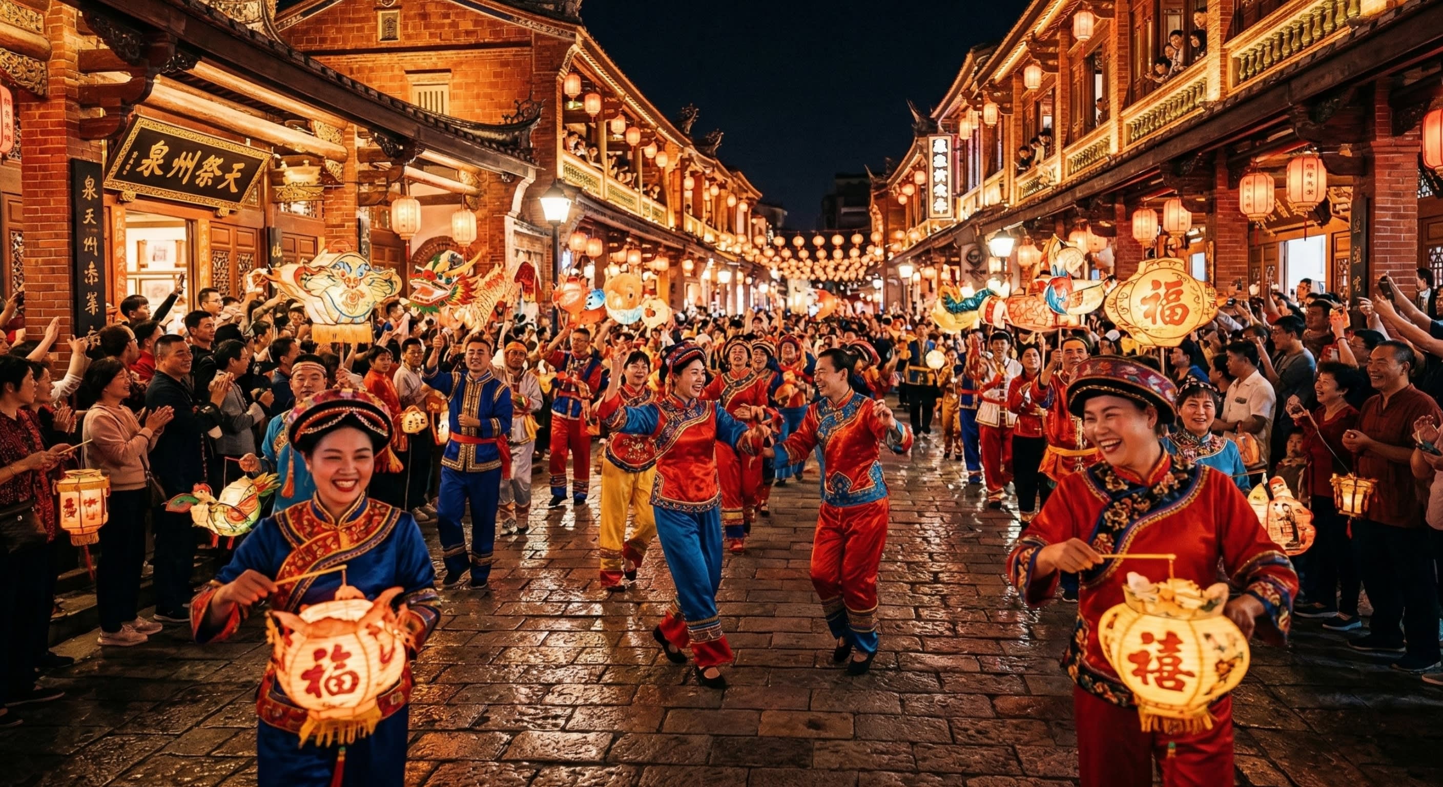 A vibrant, energetic night street parade in Quanzhou with locals in traditional Minnan clothing holding glowing handmade paper lanterns