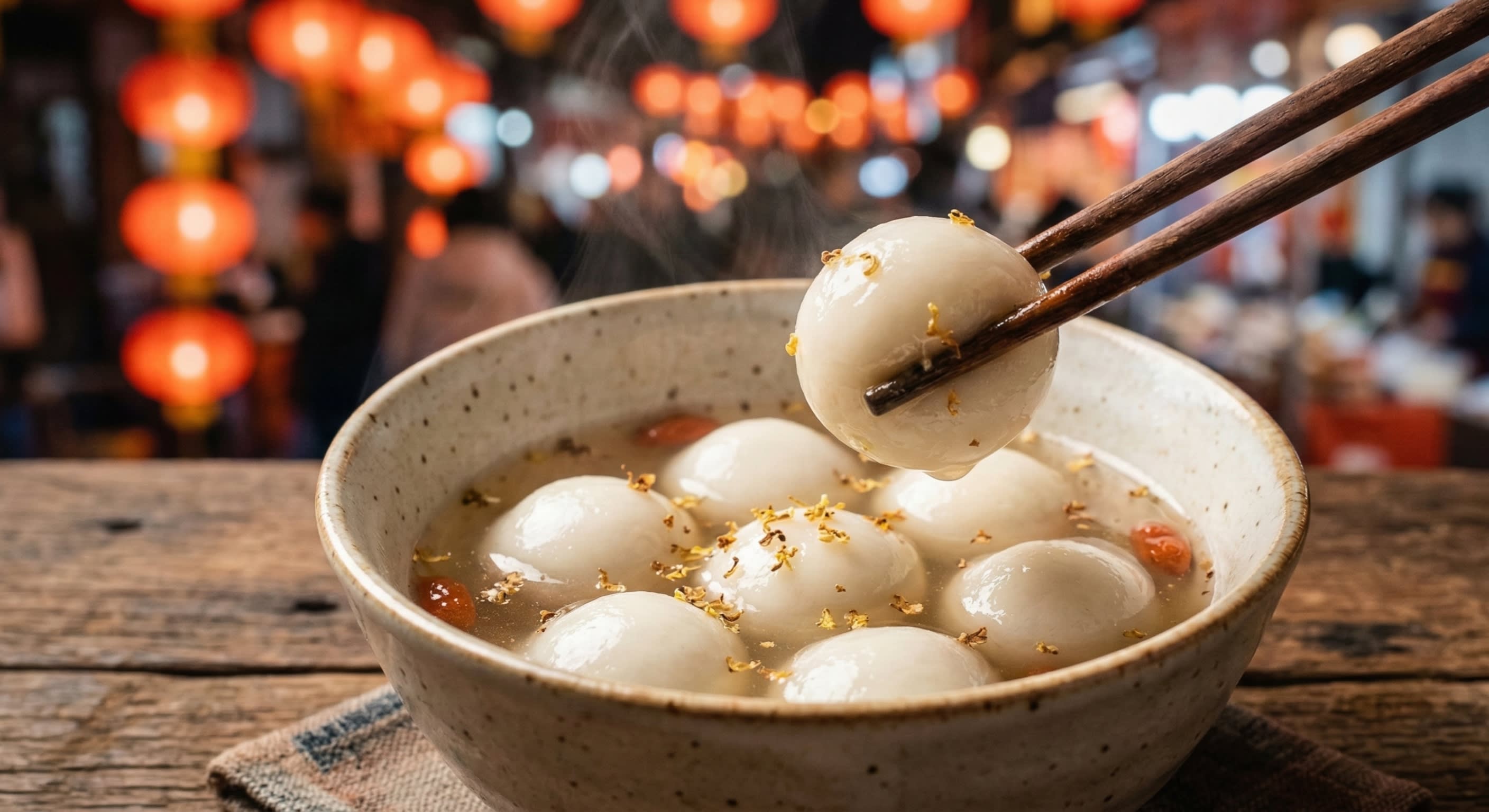 A steaming ceramic bowl containing smooth, white Tangyuan in sweet clear soup with festive red street lanterns in the background