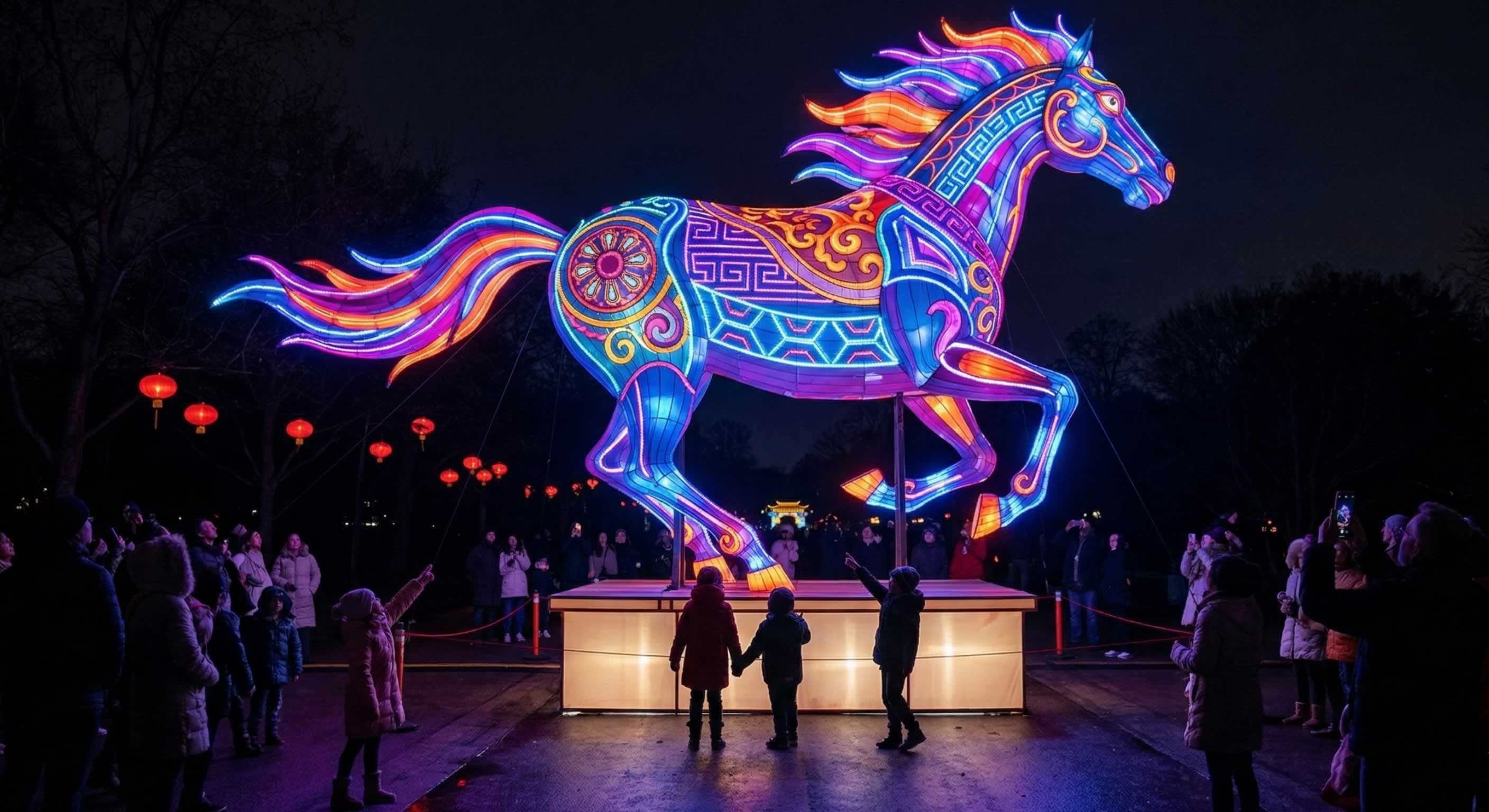 A staggering, massive glowing lantern sculpture of a majestic galloping horse towering over the crowds