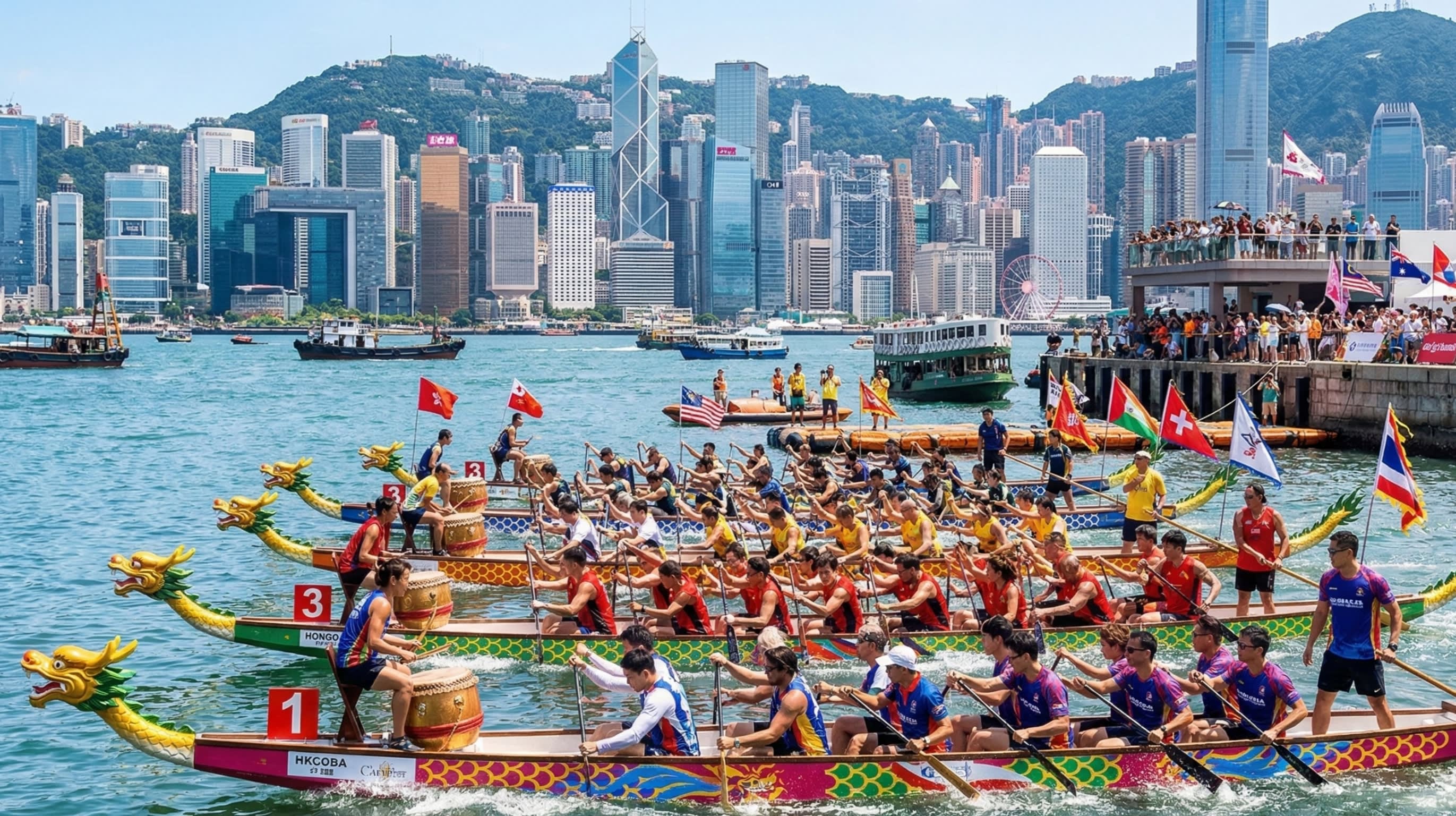 A vibrant daytime shot of an international dragon boat race taking place in Victoria Harbour, Hong Kong, with skyscrapers in the background