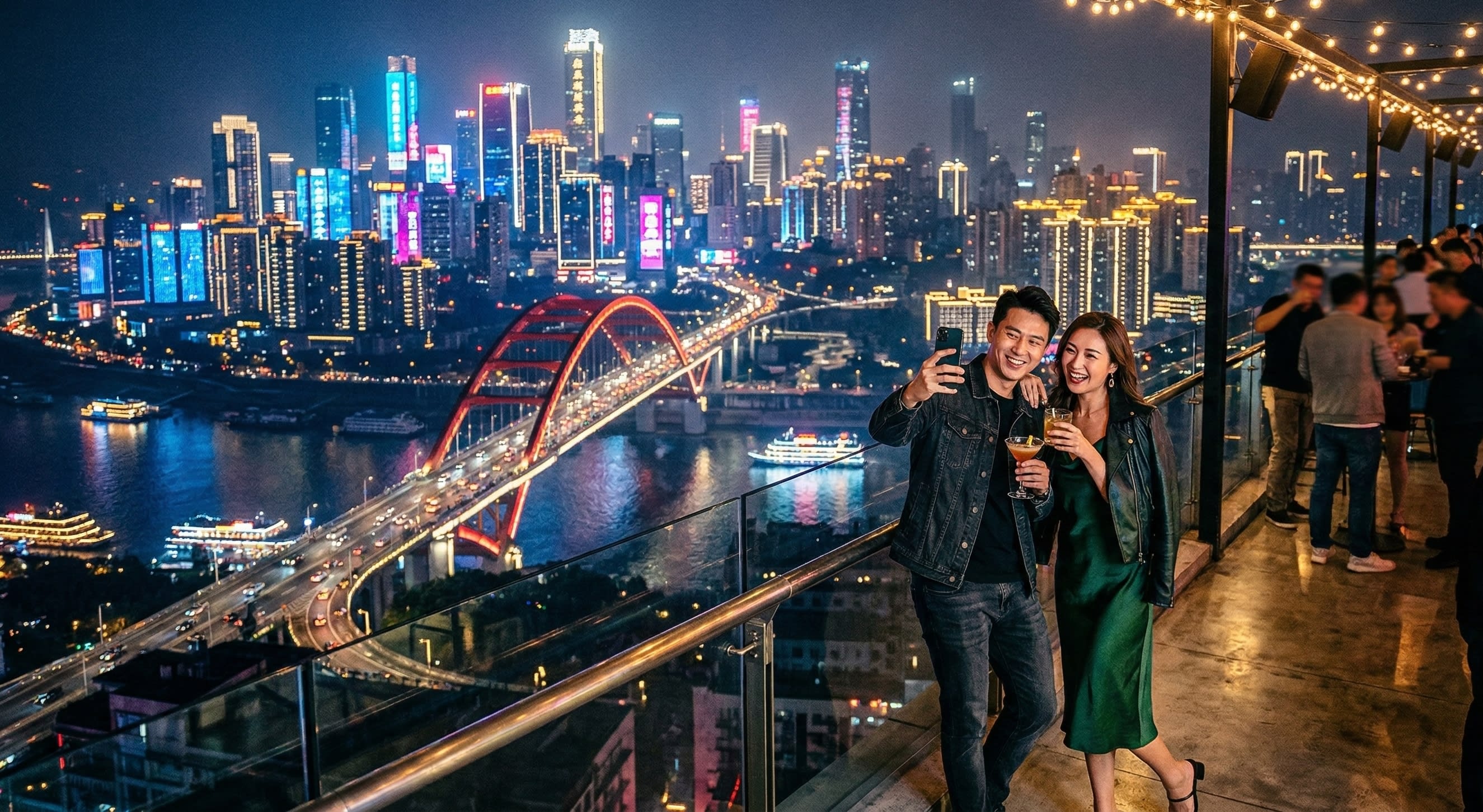 A vibrant urban shot of a couple on a rooftop bar in Chongqing with neon skyscrapers and the Yangtze River bridge