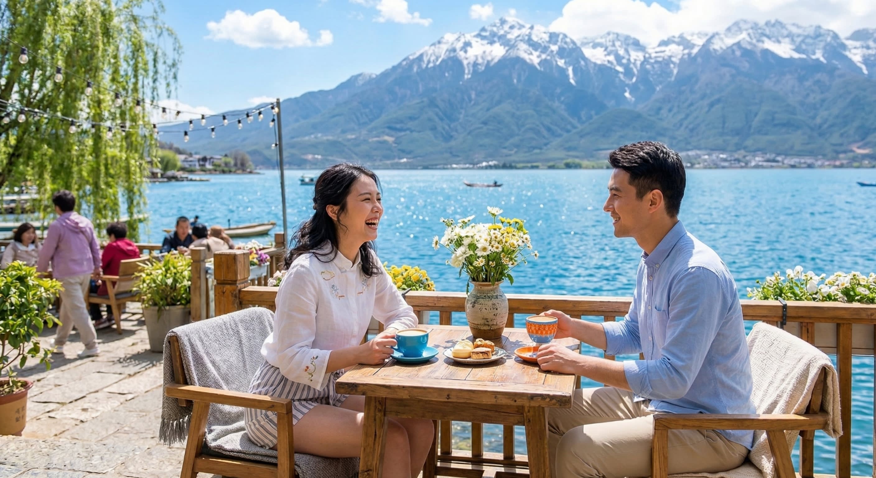 A travel photography shot of a couple sitting in a stylish outdoor cafe by Erhai Lake in Dali with mountains in the background