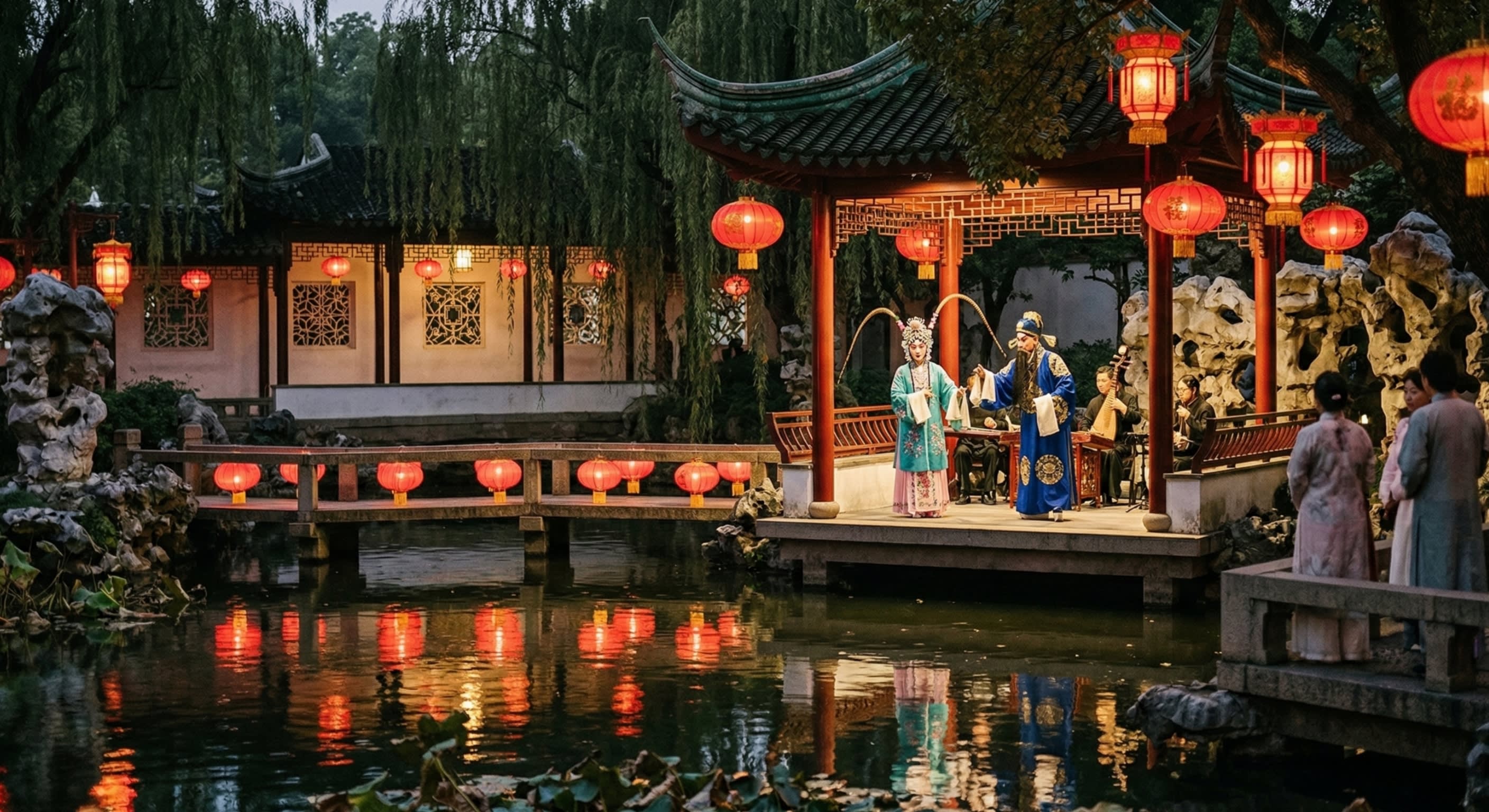 A night scene in a classical Suzhou garden with Kunqu Opera performers and traditional red lanterns