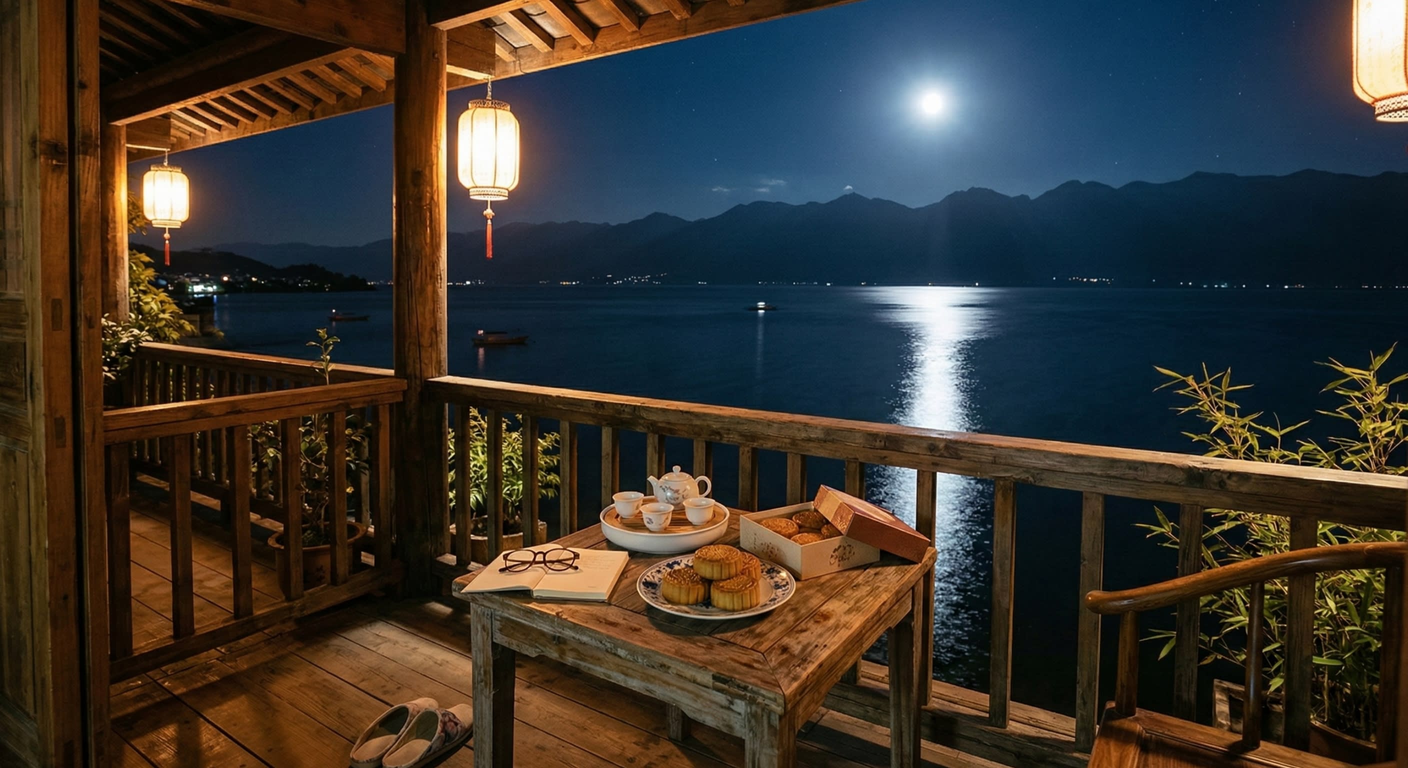 A travel photography shot of a wooden balcony overlooking Erhai Lake in Dali at night with a tea set and mooncakes on the table