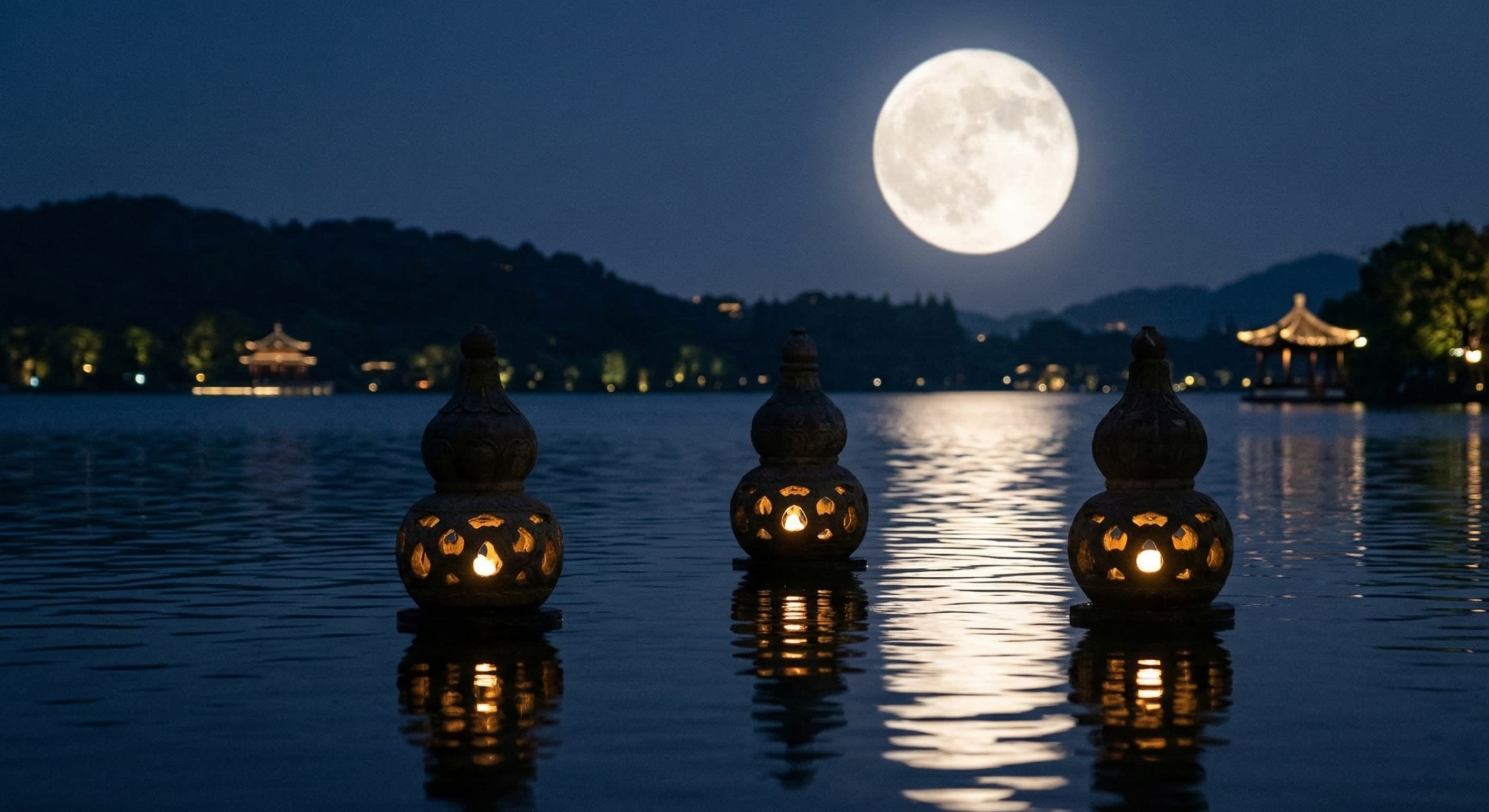 A poetic night shot of the three stone pagodas at West Lake, Hangzhou, with candles glowing from within their holes under a full moon