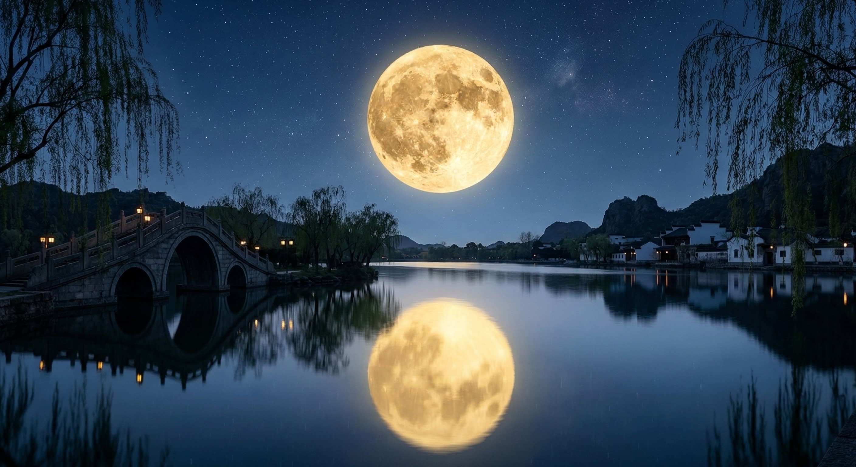 Hero Image - A breathtaking cinematic wide shot of a massive golden full moon reflected in a calm lake with silhouettes of traditional bridges