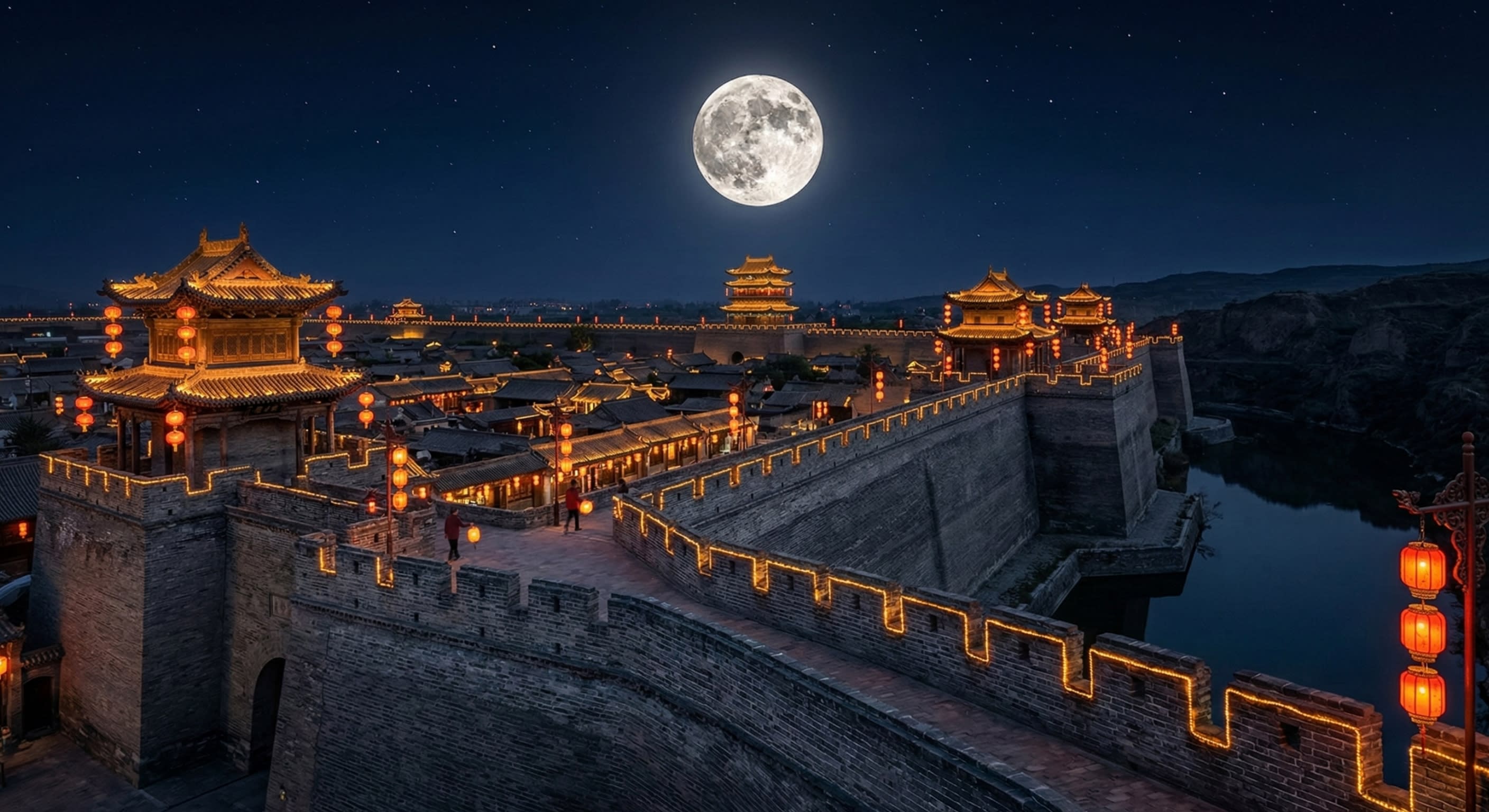 A majestic shot of the ancient city wall of Pingyao at night with red lanterns casting a warm glow under a clear full moon