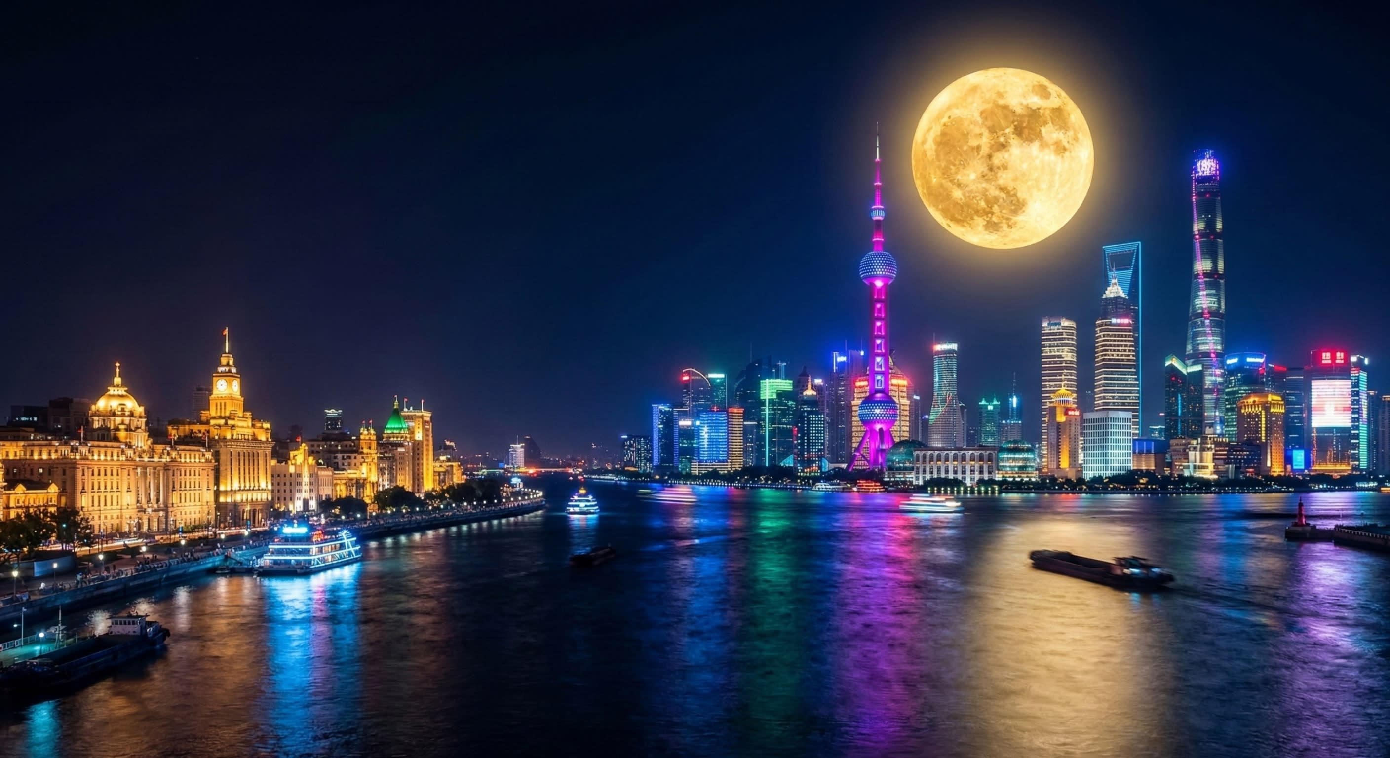 A high-contrast urban shot of the Shanghai Bund skyline at night under a giant full moon with neon reflections on the river