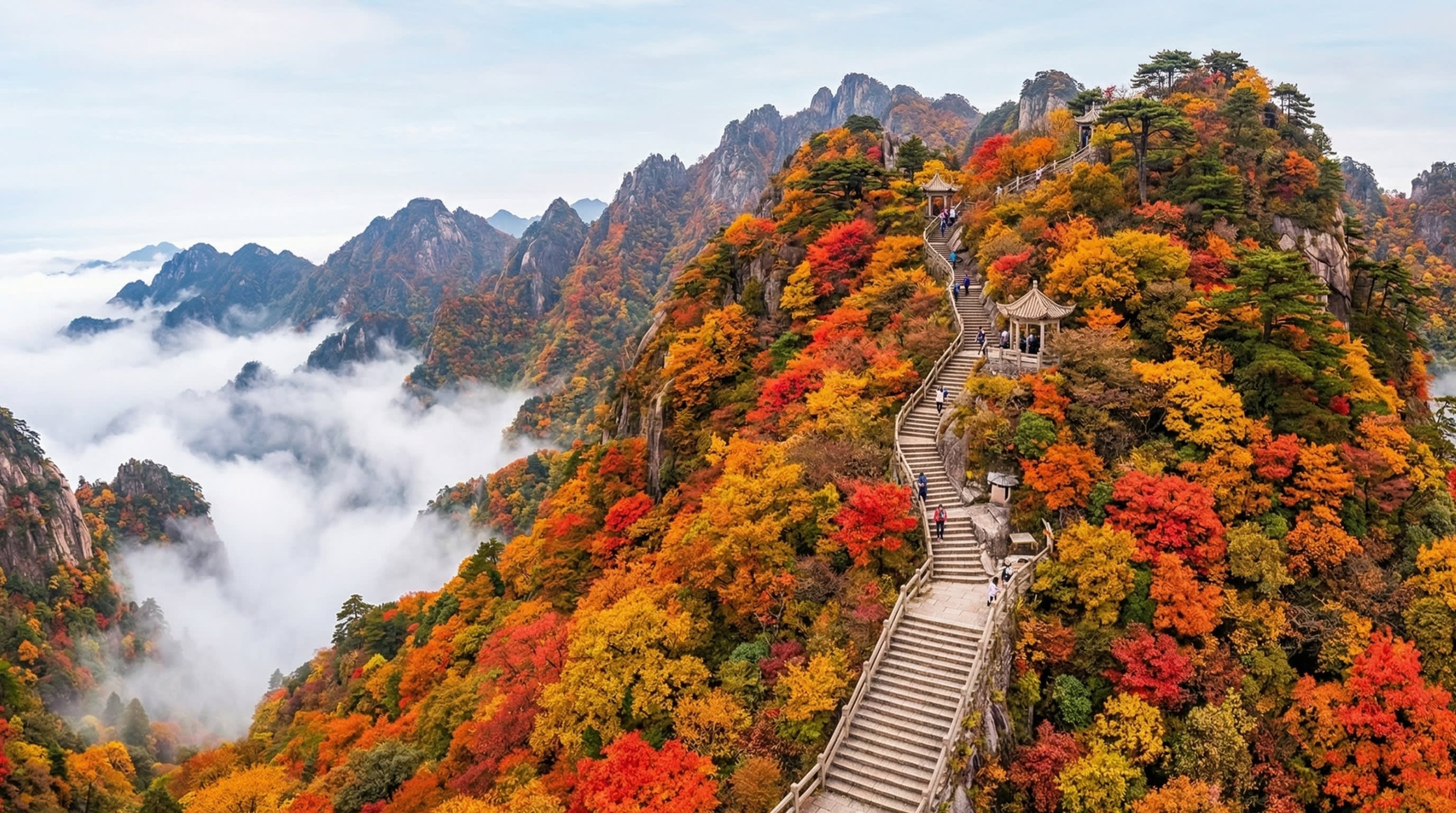 Hero Image - A breathtaking cinematic wide shot of a traditional stone staircase winding up a steep Chinese mountain covered in vibrant autumn leaves