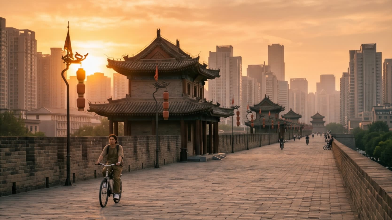 Image 1 - Cycling on the ancient Xi'an City Wall during a golden sunset