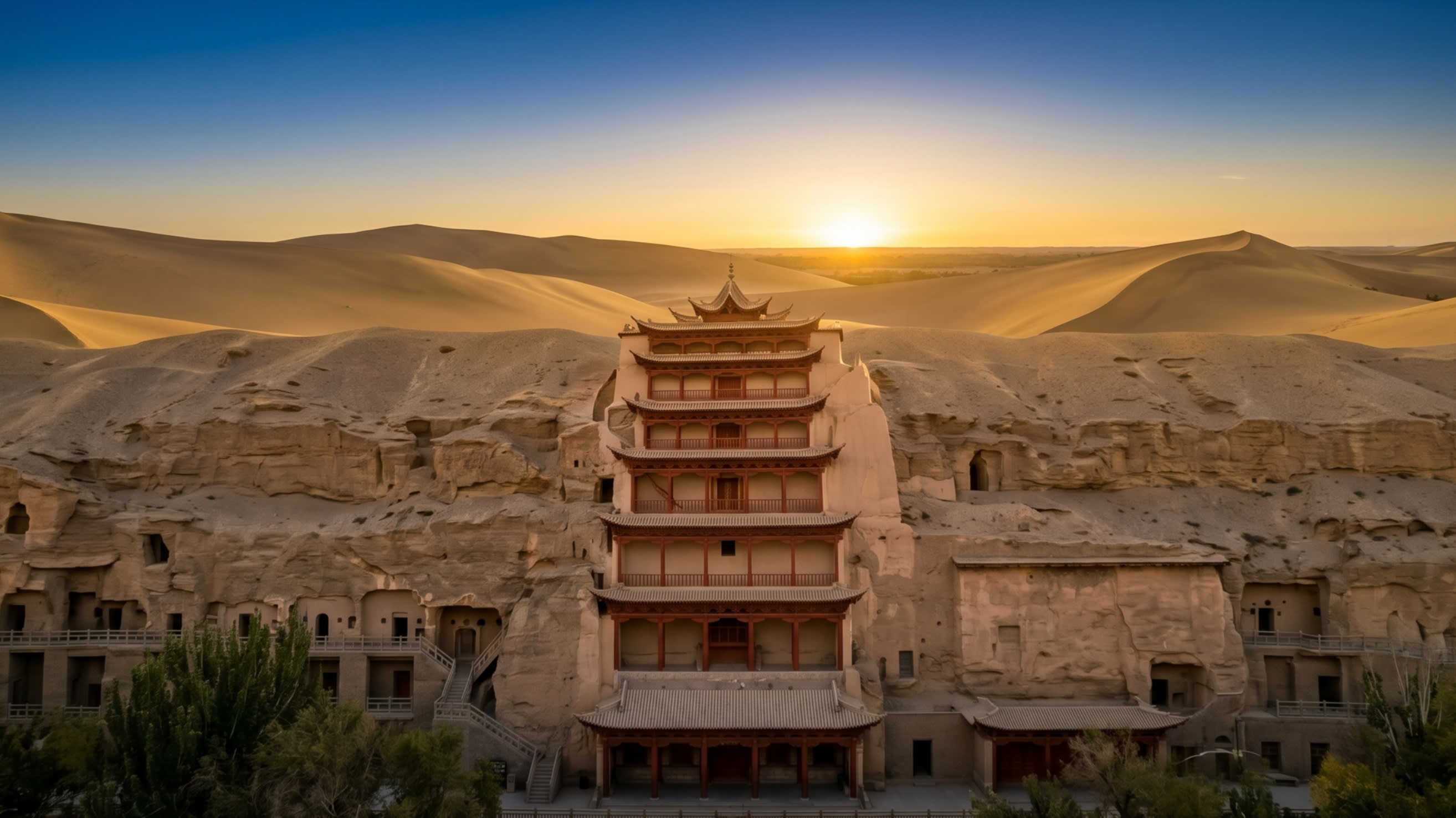 Hero Image - The iconic Nine-story Building of Mogao Caves against the golden desert sunset